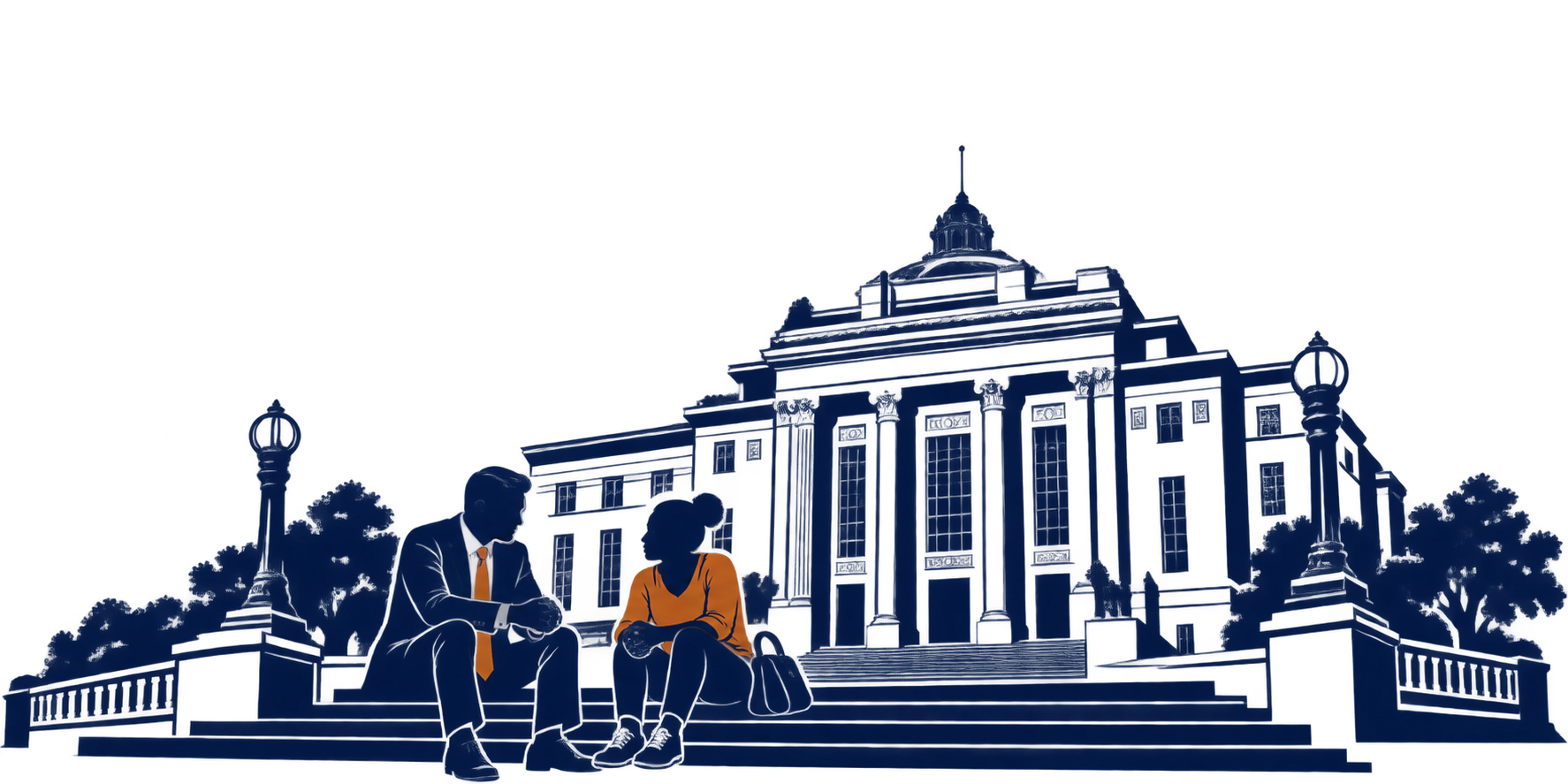 Attorney talking with a client on the courthouse steps