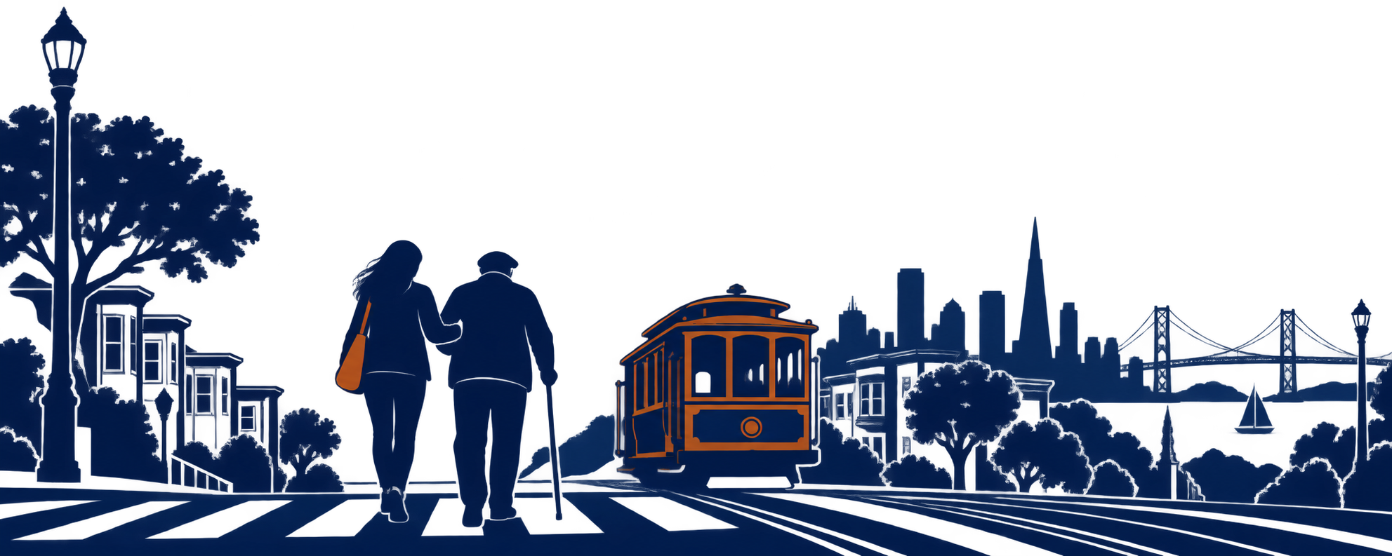 Woman helping an older man across a San Francisco crosswalk with a cable car and skyline behind