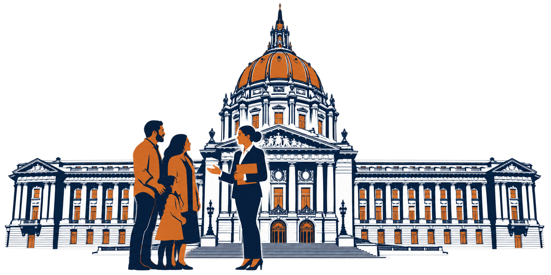 Attorney greeting a family in front of San Francisco City Hall