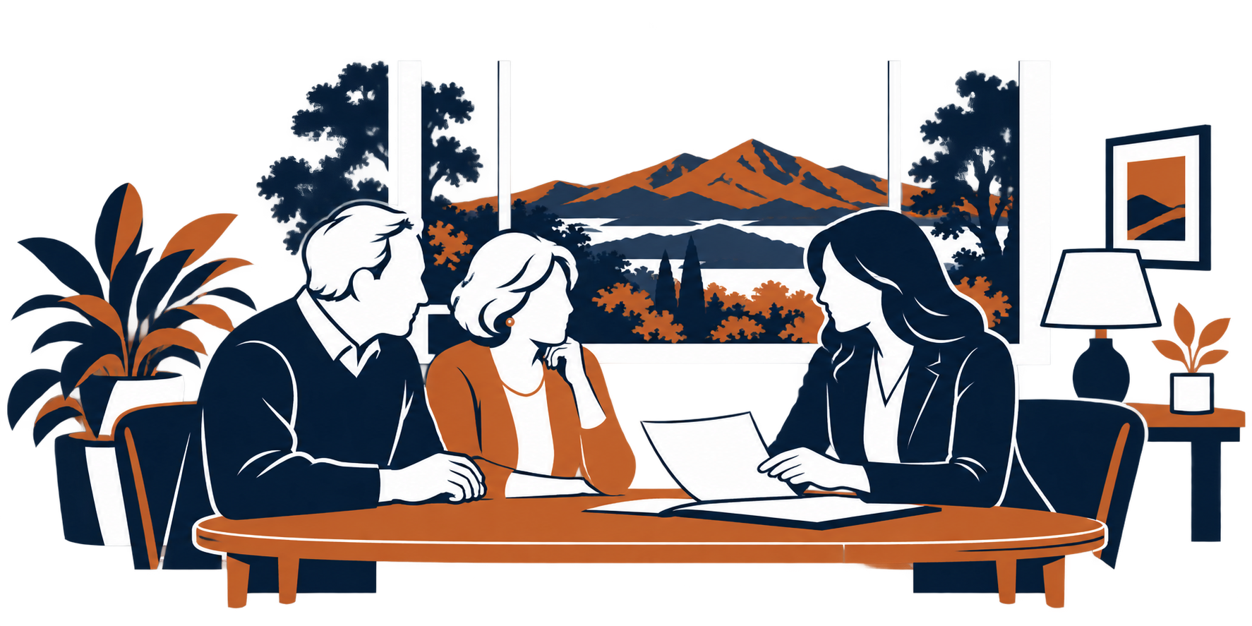 Couple reviewing documents with an attorney, Mount Diablo visible through the window