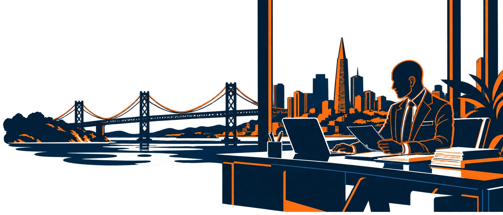 Attorney working at his desk with the Bay Bridge and San Francisco skyline behind
