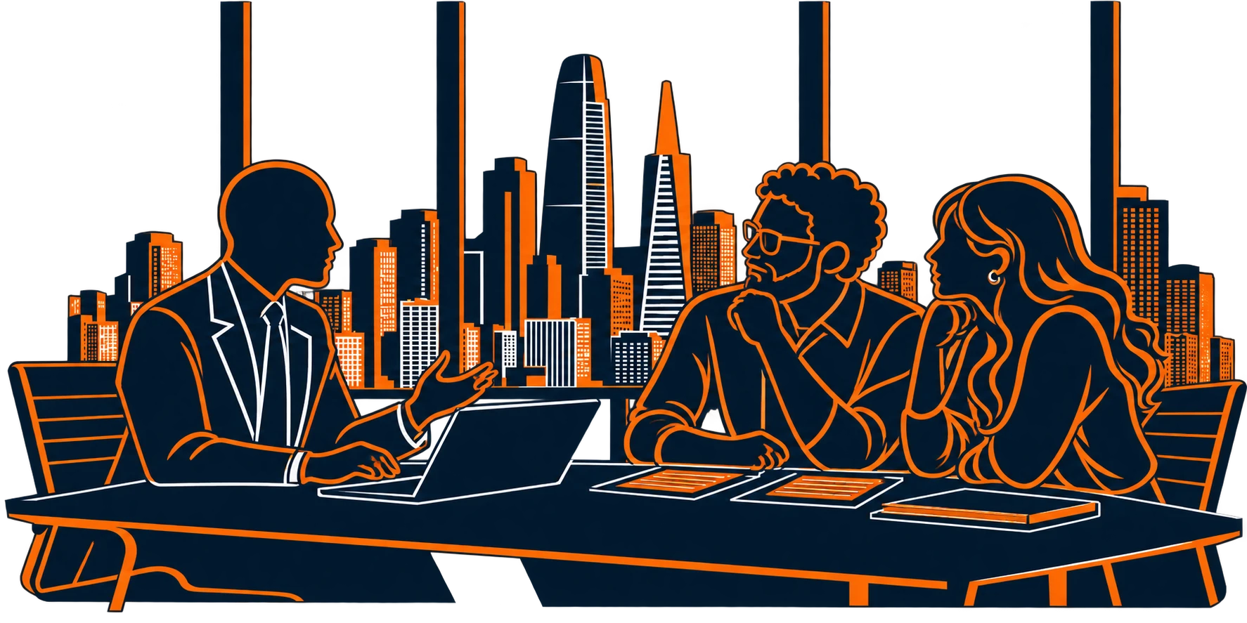Attorney meeting with two clients, San Francisco skyline behind