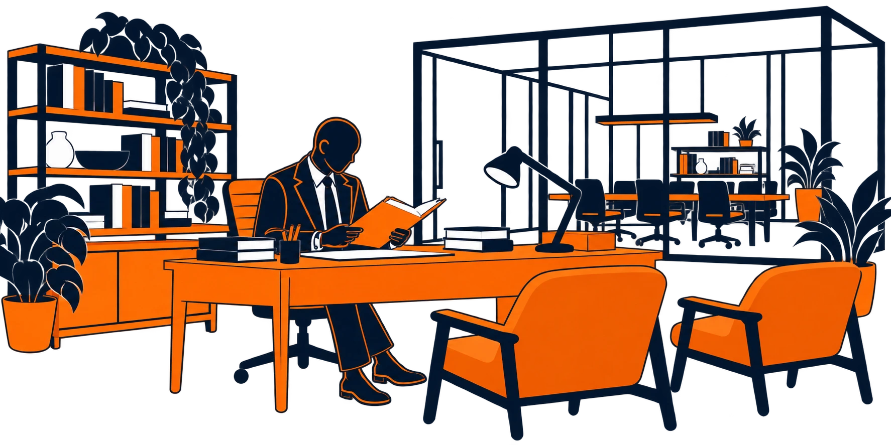 Attorney reading at his desk in a modern office