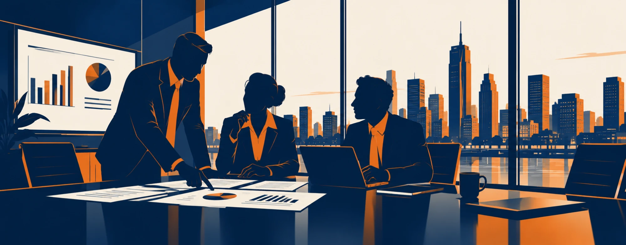 Business team reviewing financials in a boardroom overlooking a city skyline