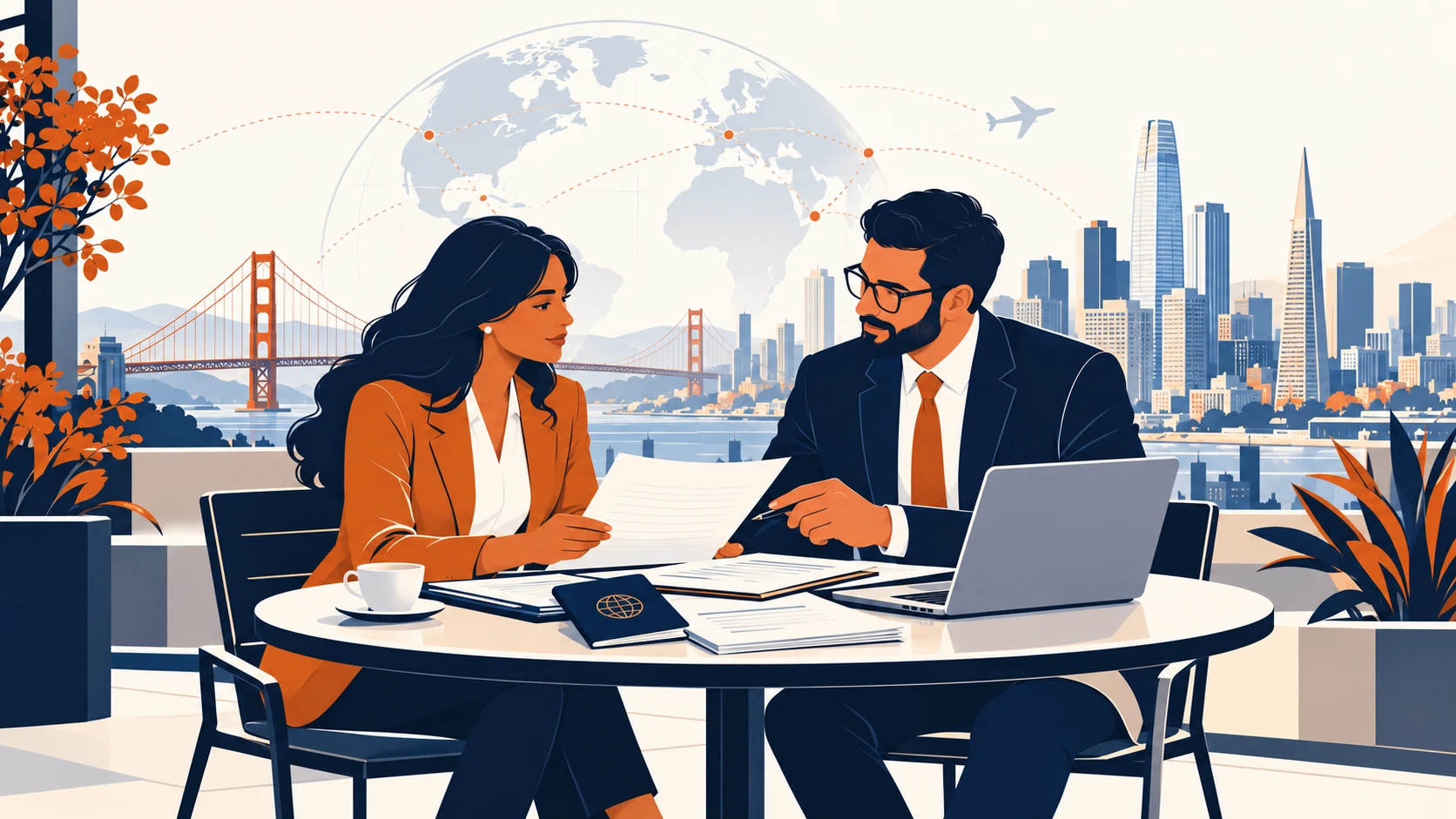 Immigration attorney reviewing documents and a passport with a client, Golden Gate Bridge and San Francisco skyline behind