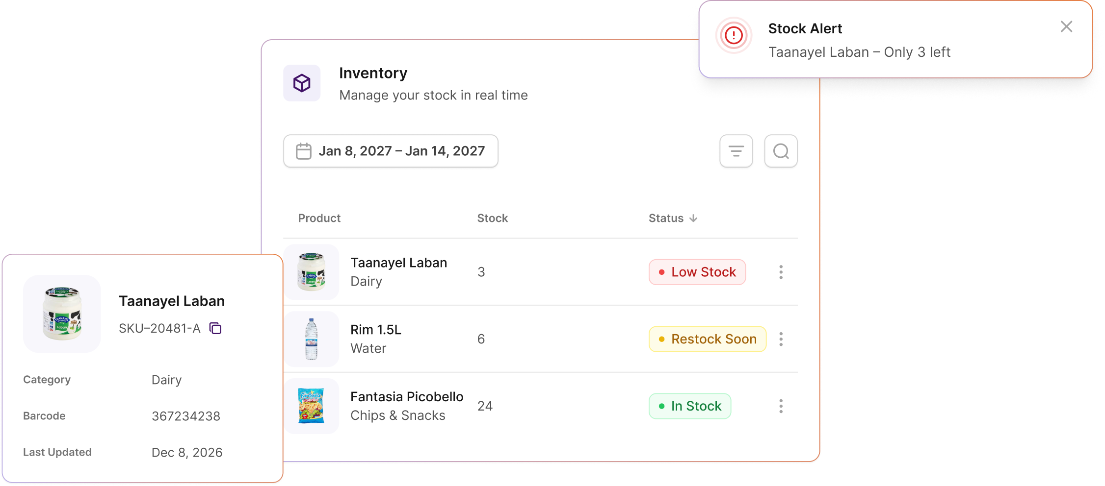 Nimlie stock dashboard with low stock alerts, barcode scanning and inventory counts