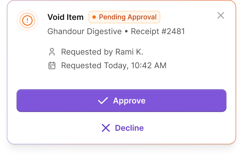 Nimlie activity log of voids and returns approved by the shop owner