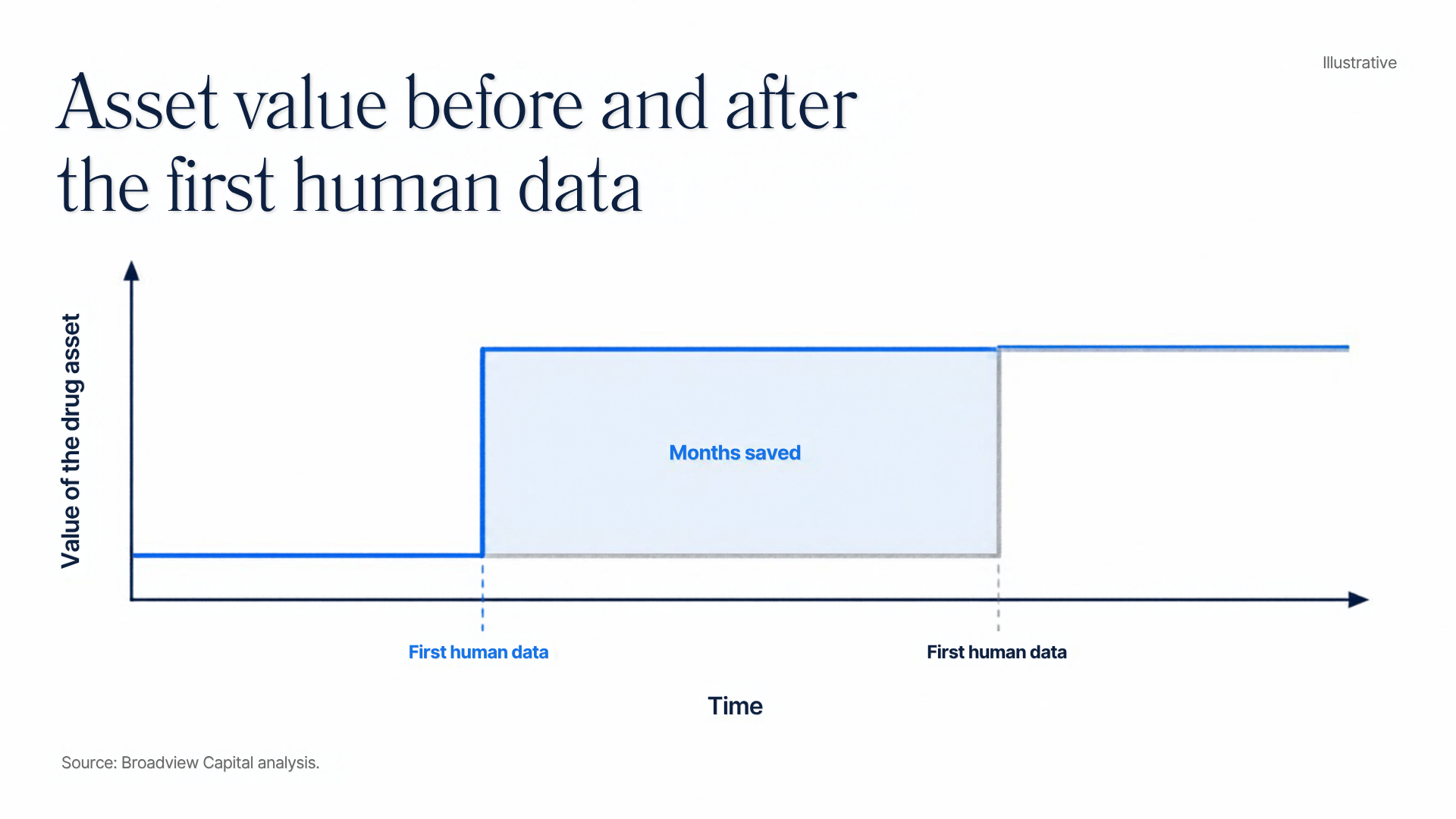 Illustrative chart of asset value before and after the first human data: the value of the drug asset steps up at the first human data, and reaching that point earlier captures the higher value for the months saved. Source: Broadview Capital analysis.
