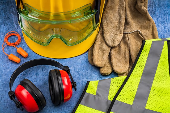 Safety equipment laid out together: hard hat with goggles, ear plugs, ear muffs, work gloves, and a hi-vis vest