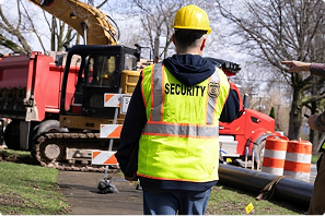 Security guard in a hard hat and hi-vis vest watching a utility excavation with heavy equipment