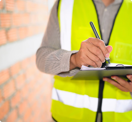 Site supervisor in a hi-vis vest filling out a checklist on a clipboard