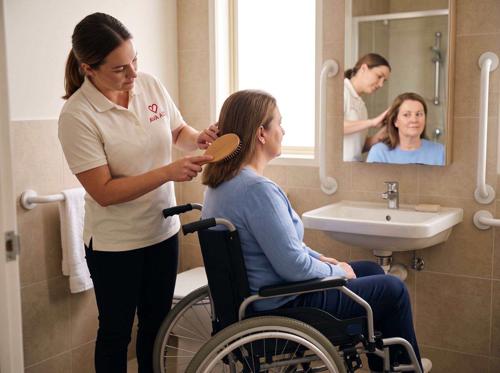 Support worker helping a woman brush her hair.