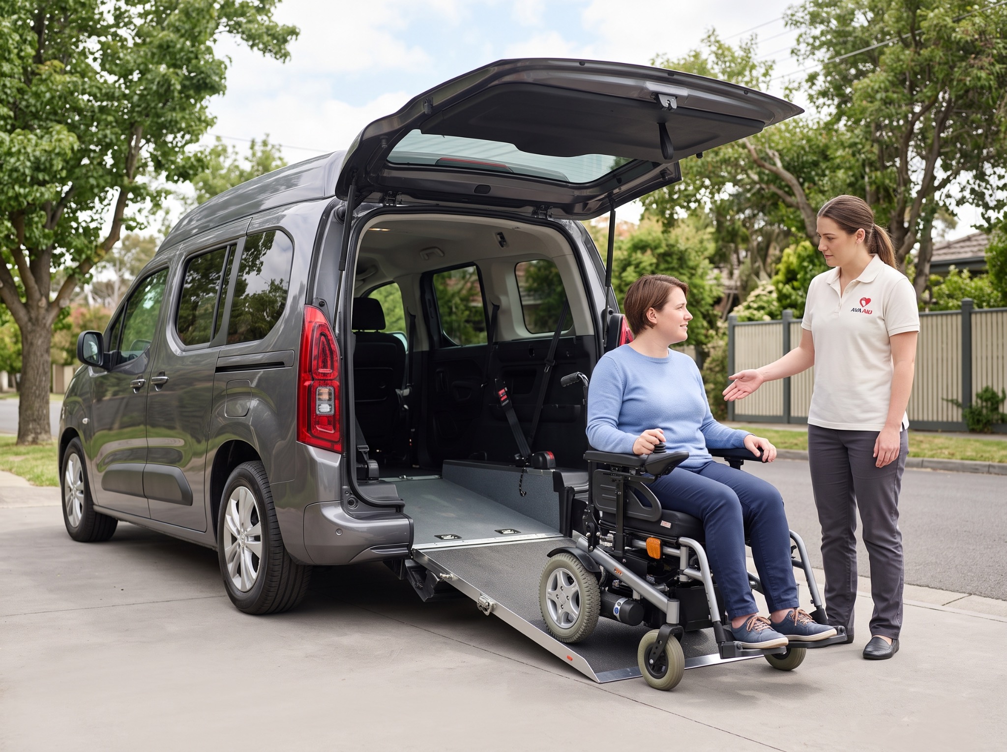 A wheelchair user beside an accessible van and a support worker.