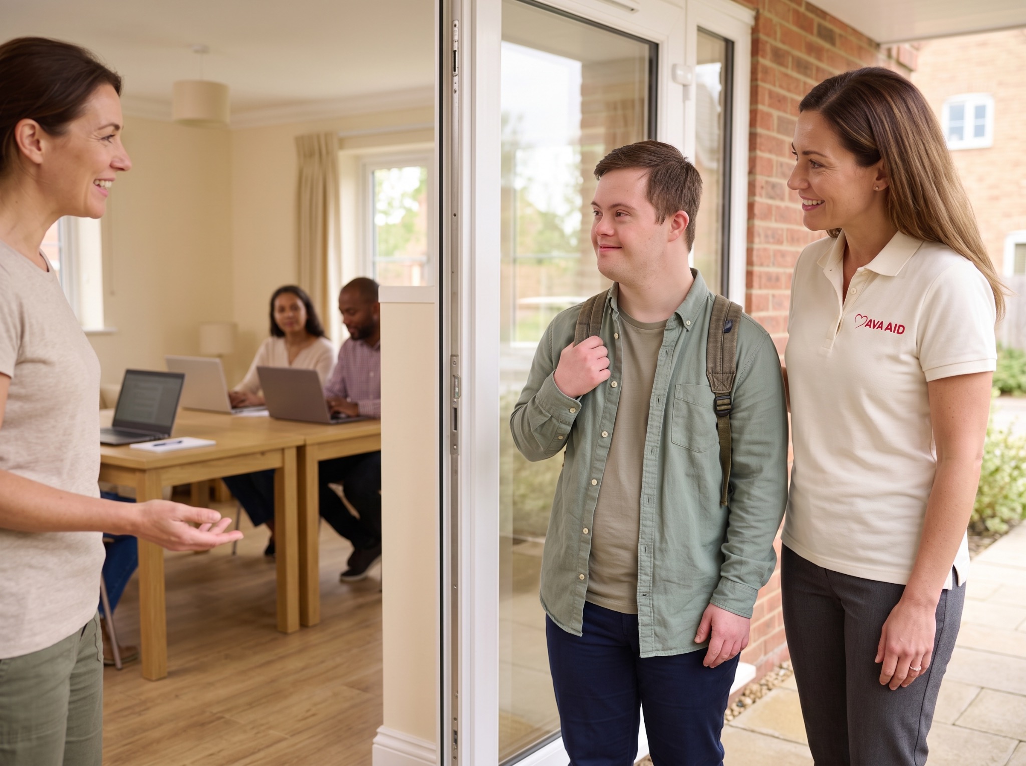 A man and support worker being welcomed into a community setting.
