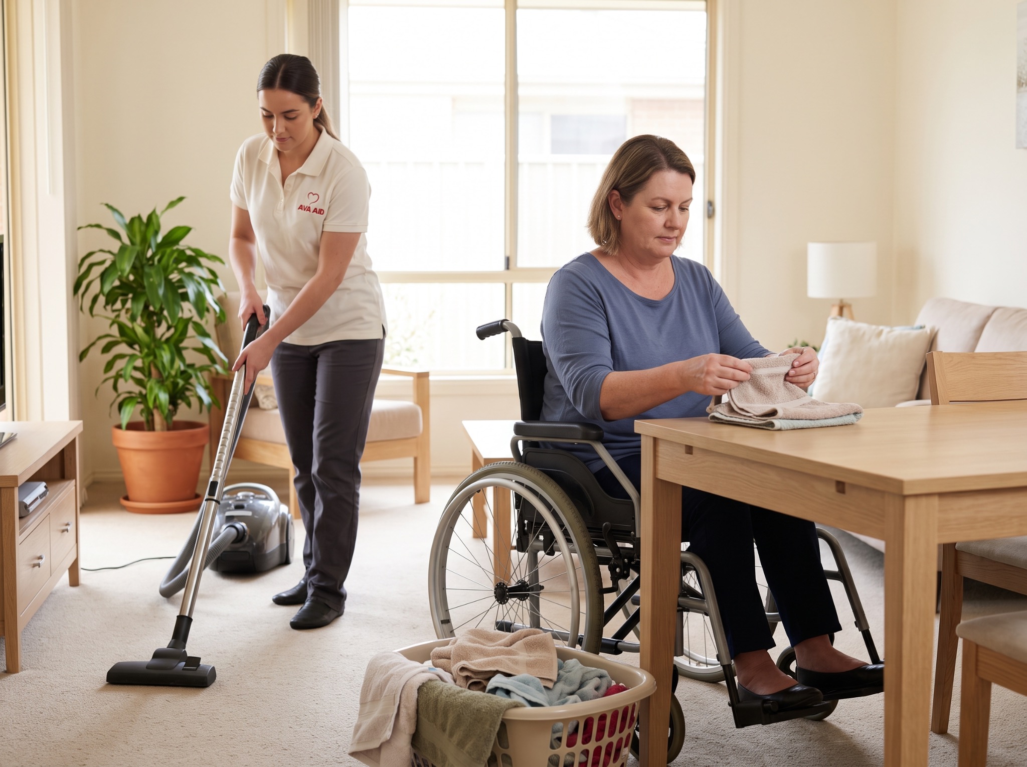 Household support with cleaning and laundry.