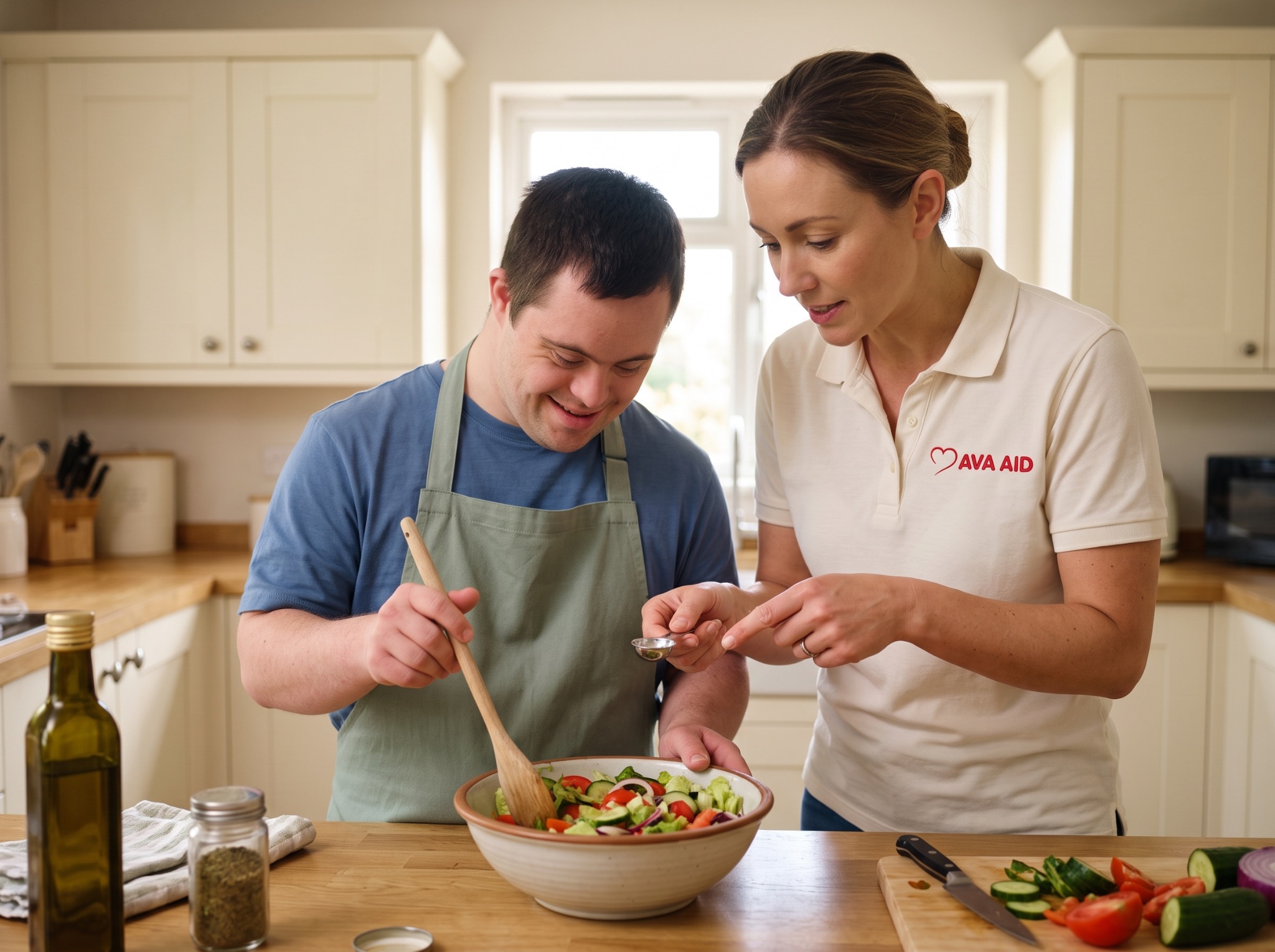 A man practising meal preparation with a support worker.