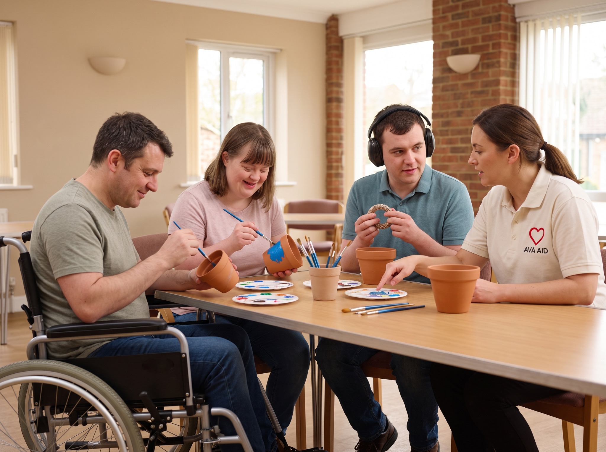 People painting plant pots together with a support worker.