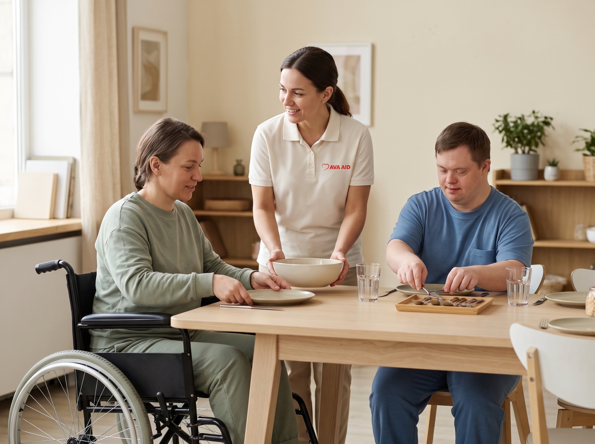 Two people setting a table with a support worker.