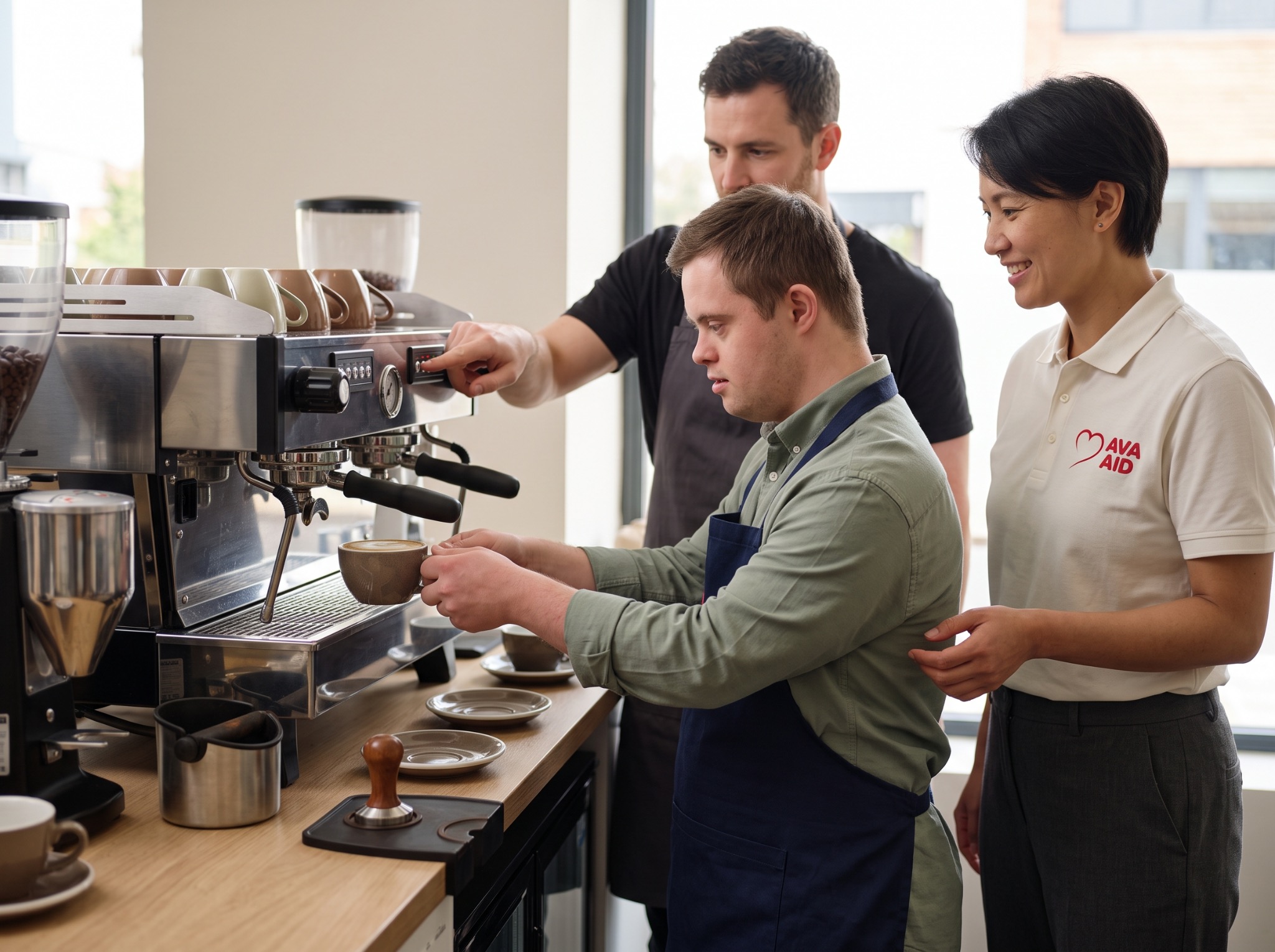 A man learning to use a coffee machine with workplace guidance and support.