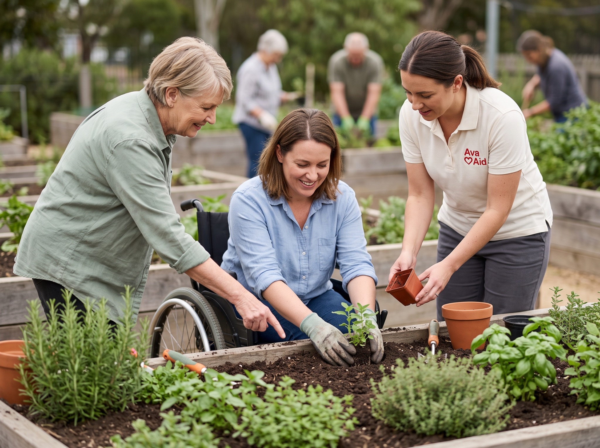A wheelchair user planting seedlings with others in a community garden.