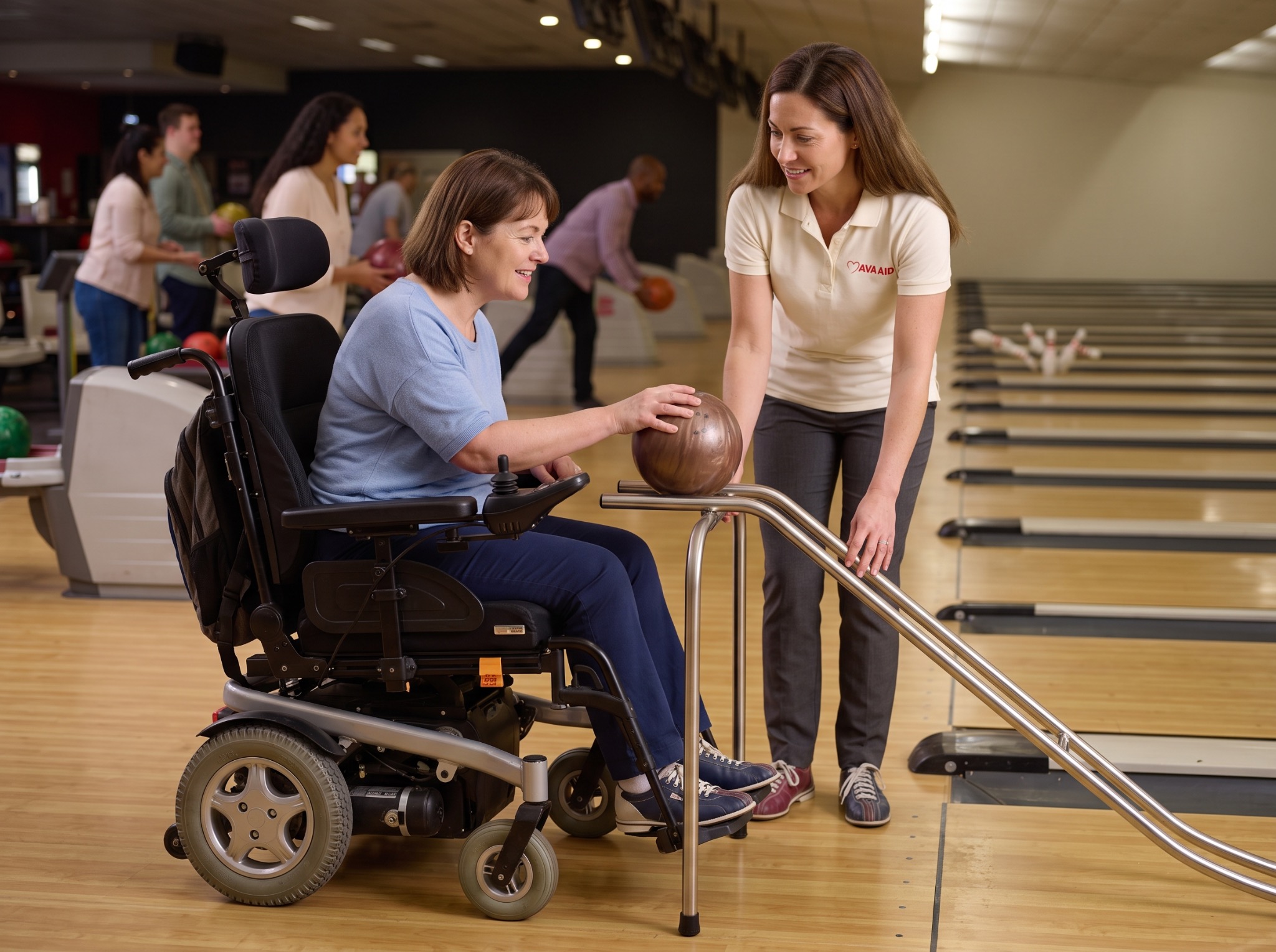 A woman using a bowling ramp with a support worker.