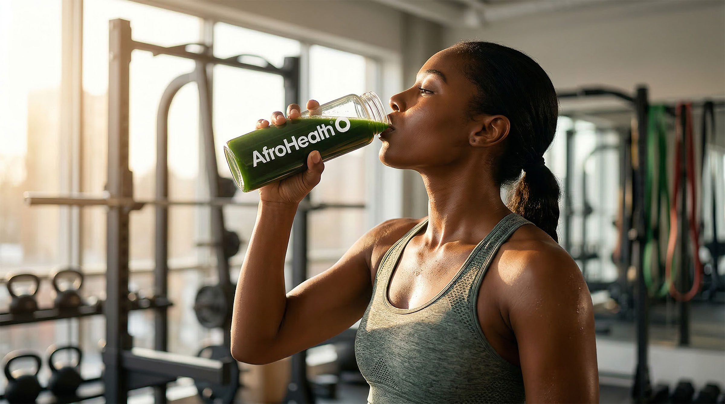 Afrohealth hydration drink in a gym setting