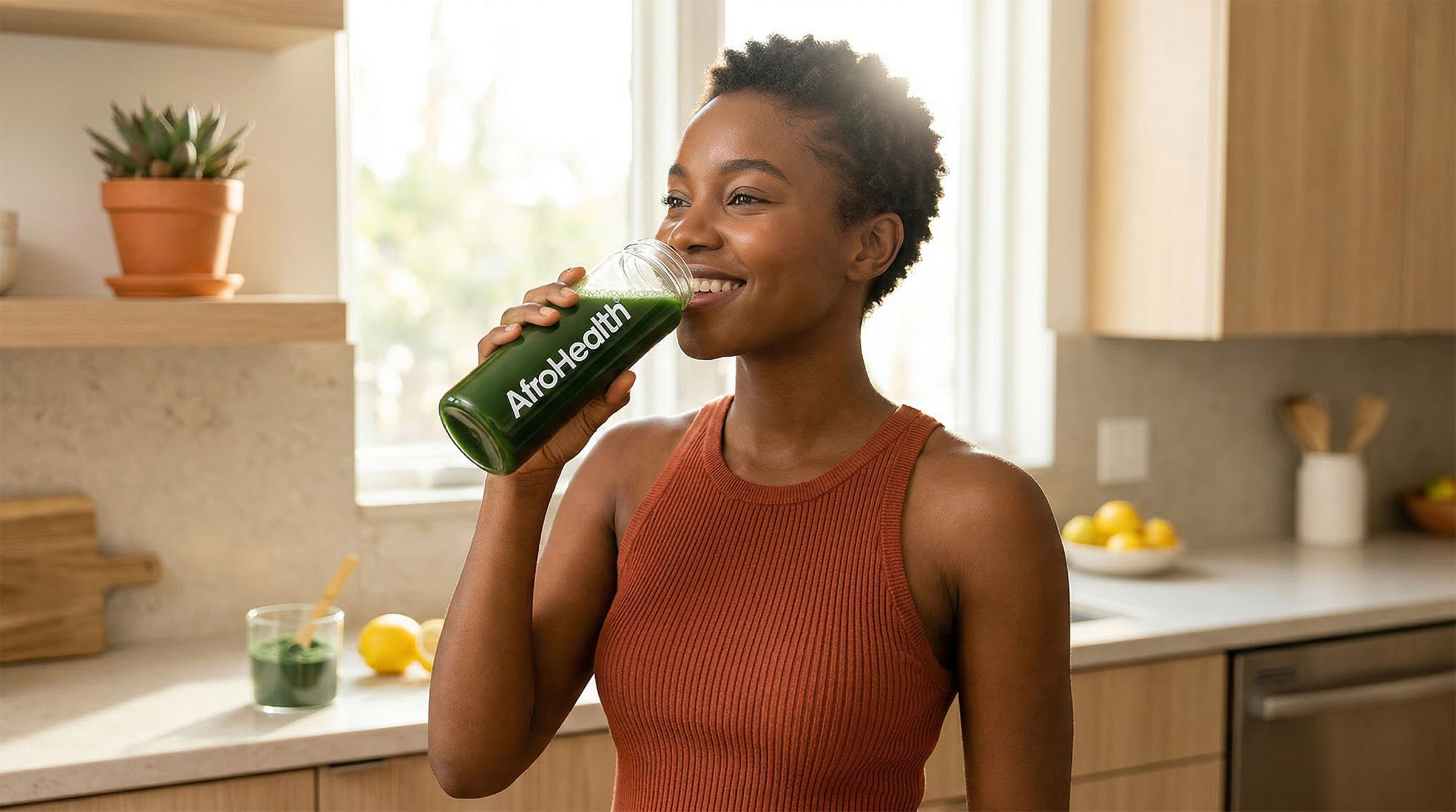 Afrohealth hydration drink in a kitchen setting