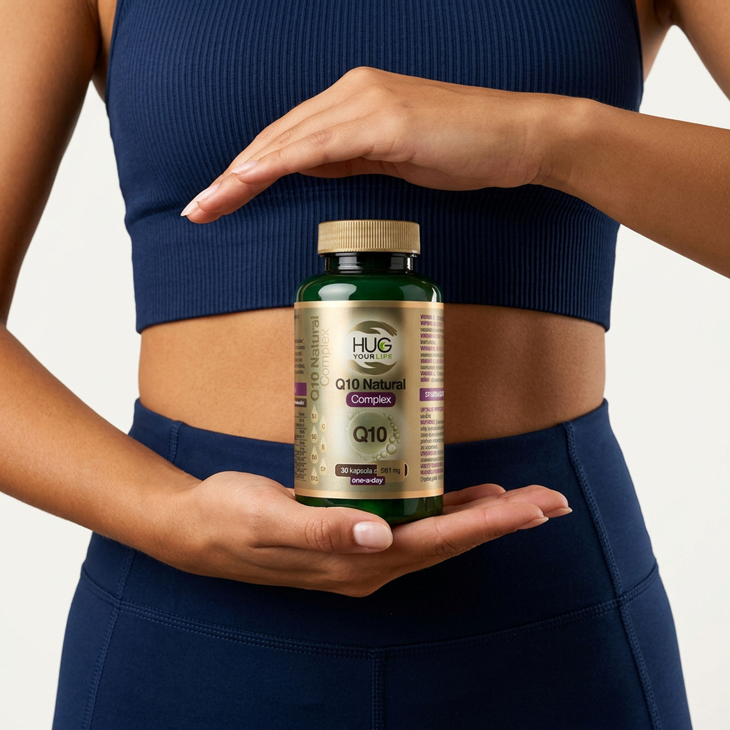 Hug Your Life Q10 supplement with activewear