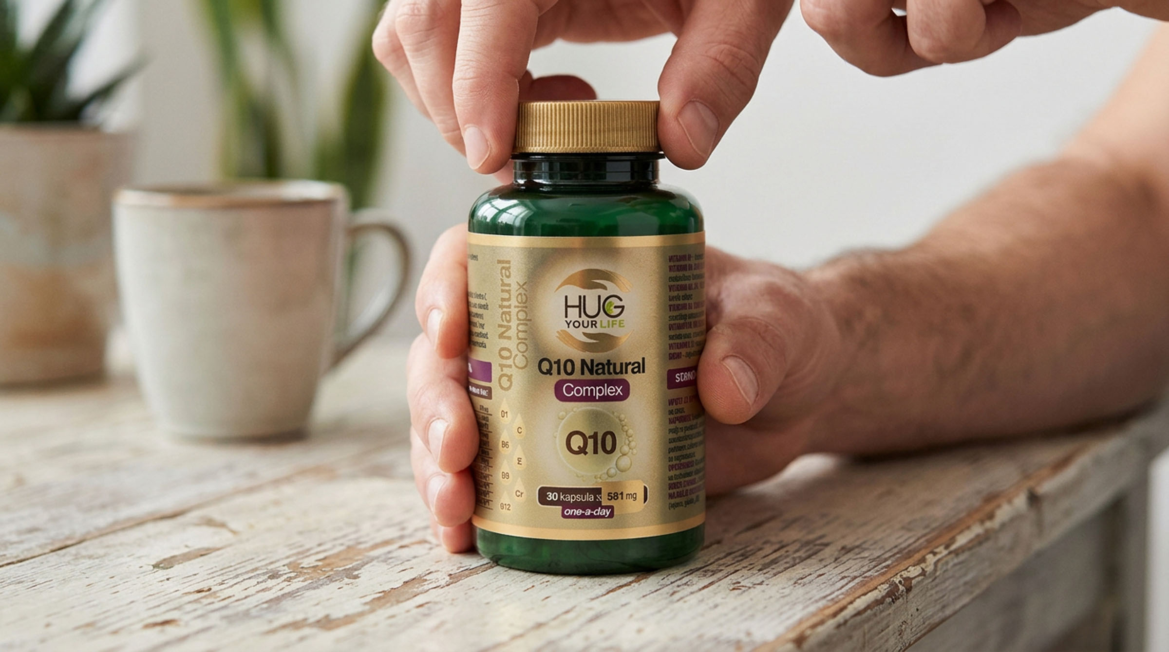 Hug Your Life Q10 supplement bottle opening