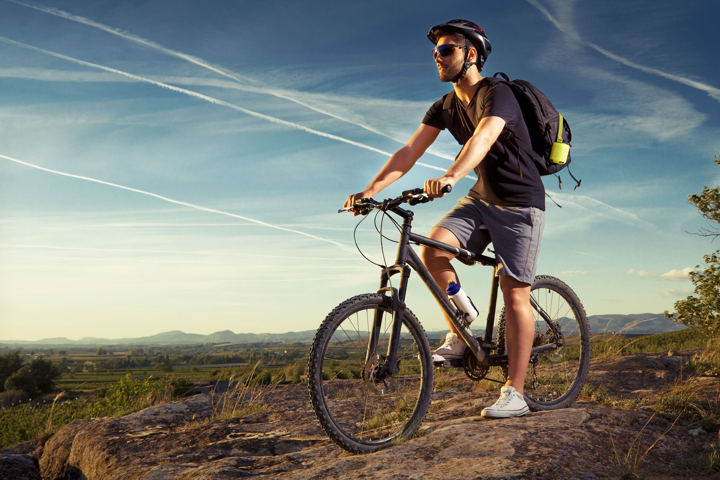Portable speaker cyclist landscape, 3D product composite by 35milimetre