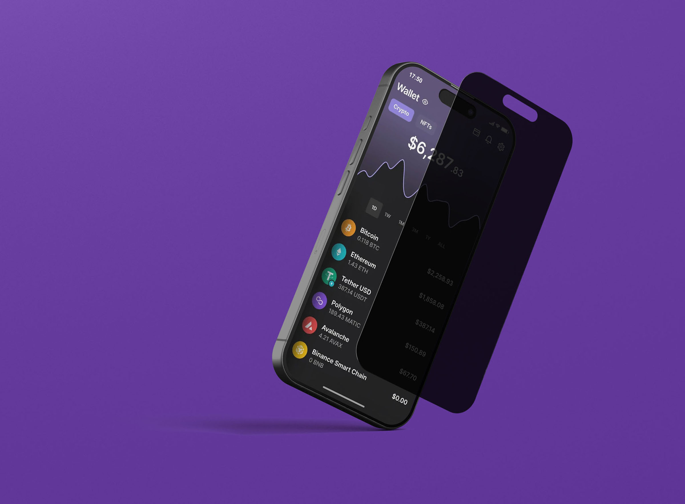 Screen protector floating phone purple, 3D product composite by 35milimetre