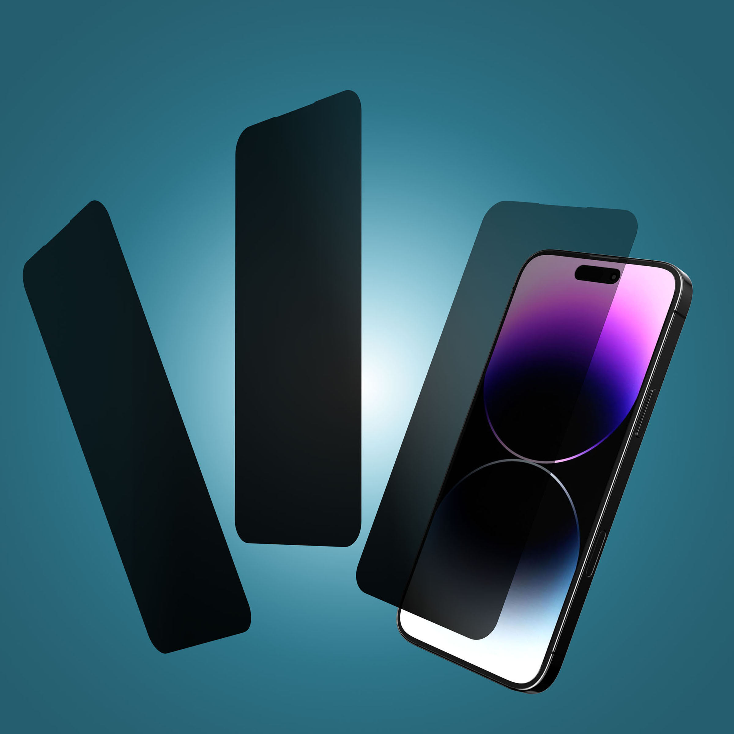 Screen protector floating phone teal, 3D product composite by 35milimetre