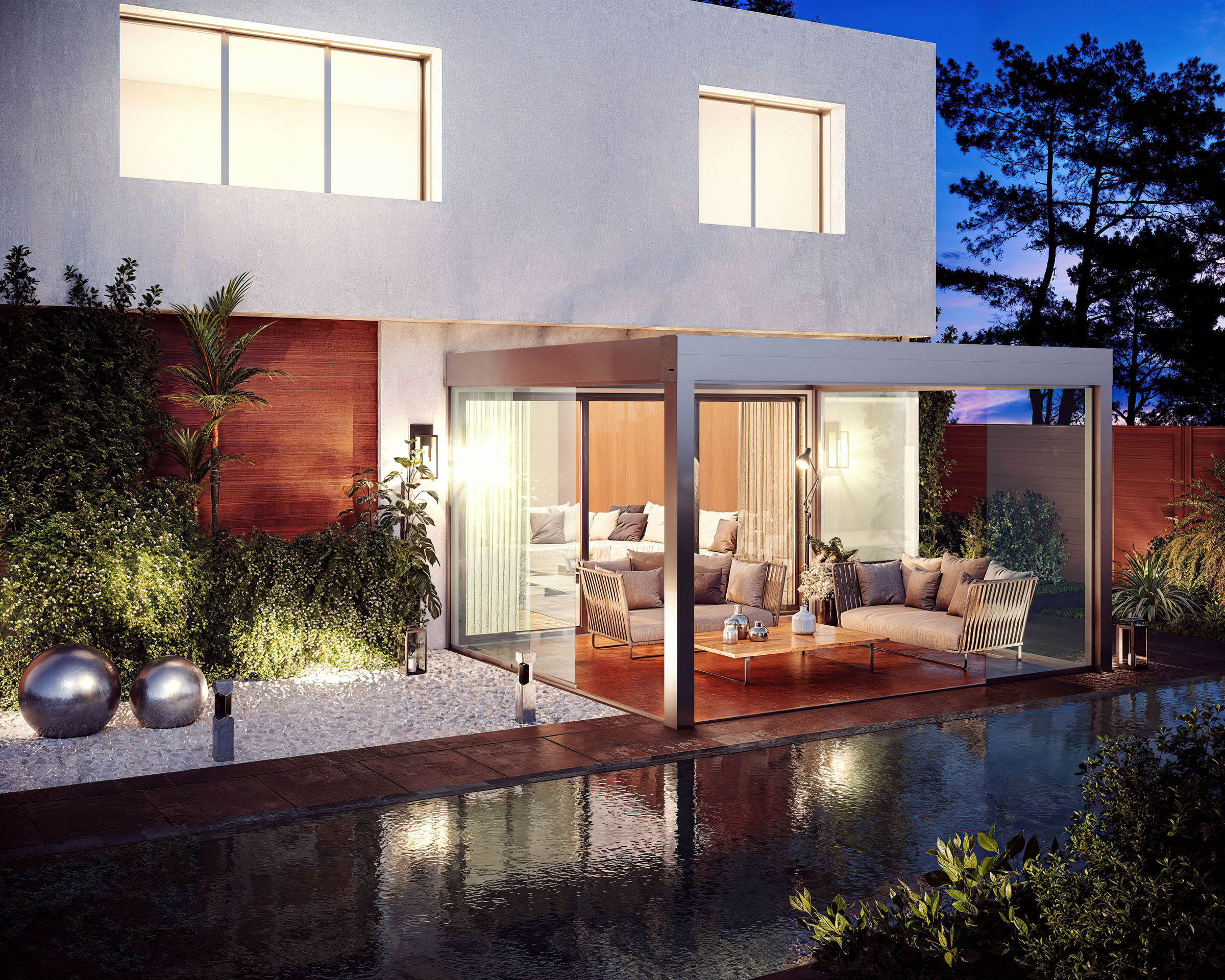 Sun paradise glass room pool dusk, 3D product composite by 35milimetre