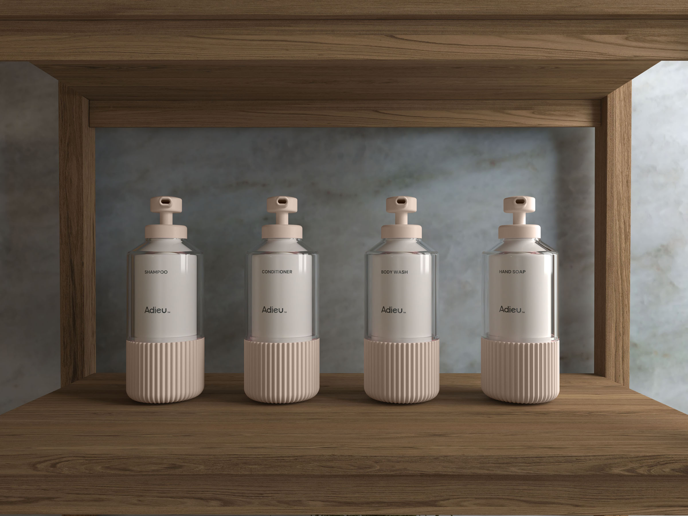 Adieu bathcare bottle lineup, 3D render by 35milimetre