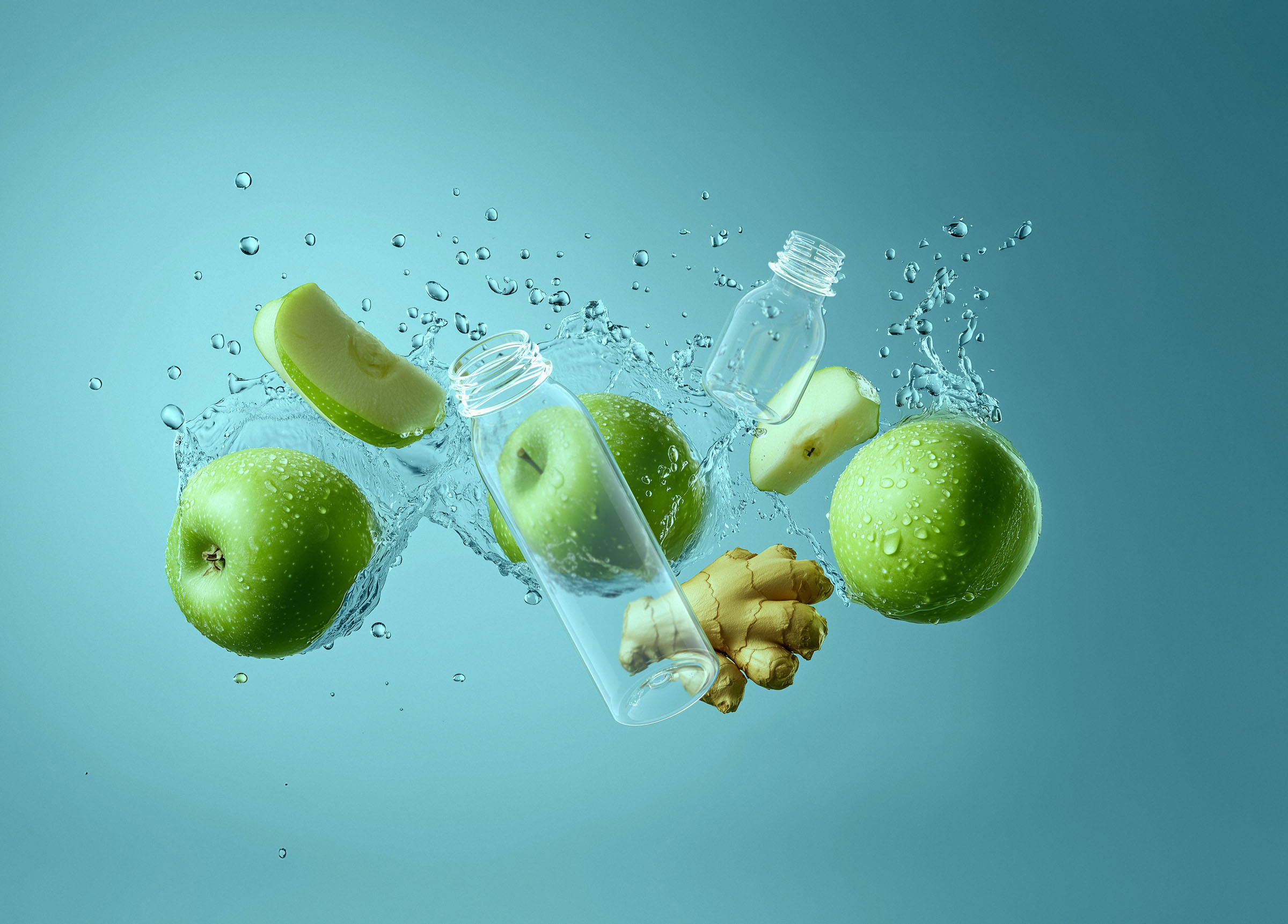 Beverage apple ginger bottle splash, 3D render by 35milimetre