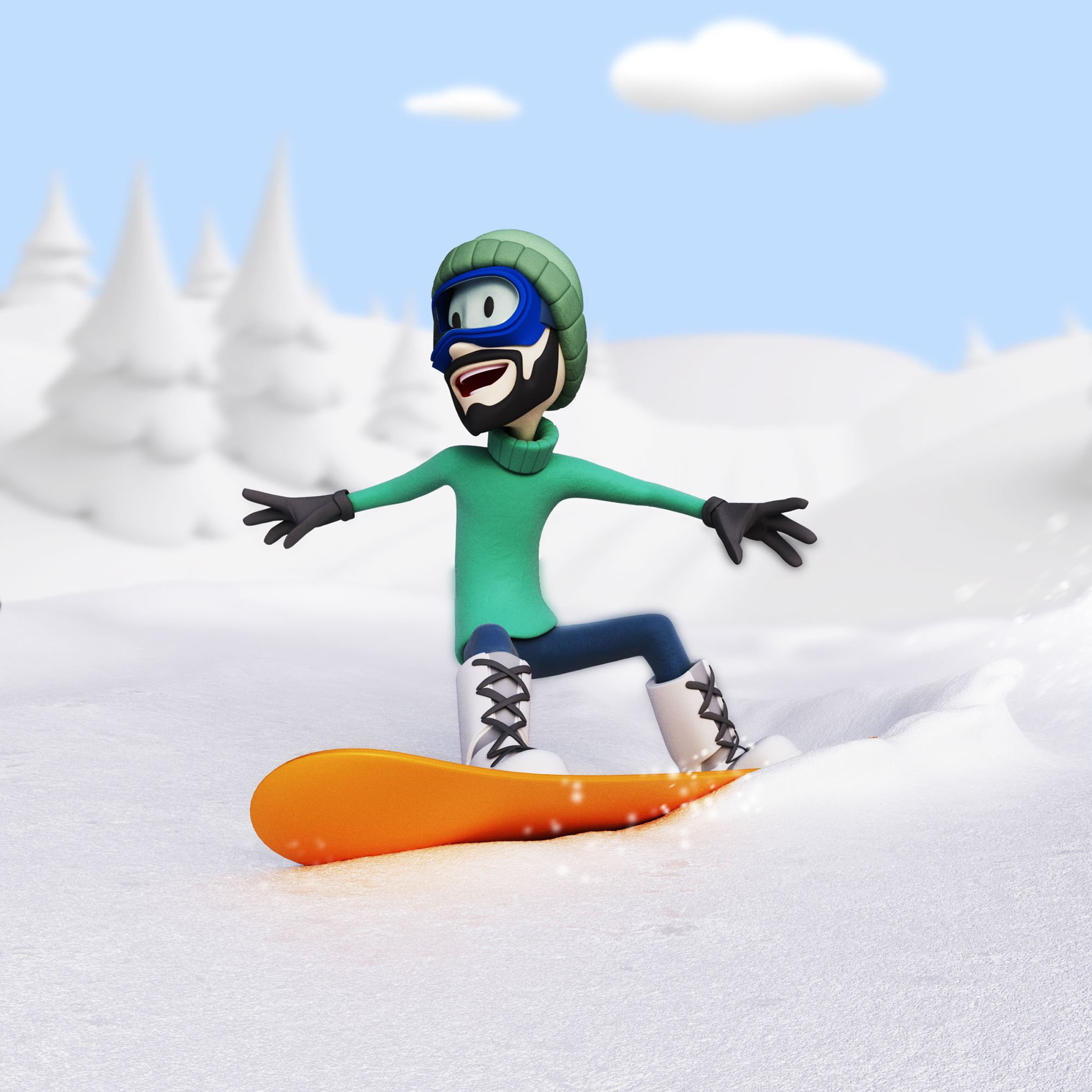 Snowboarder character snow, 3D render by 35milimetre