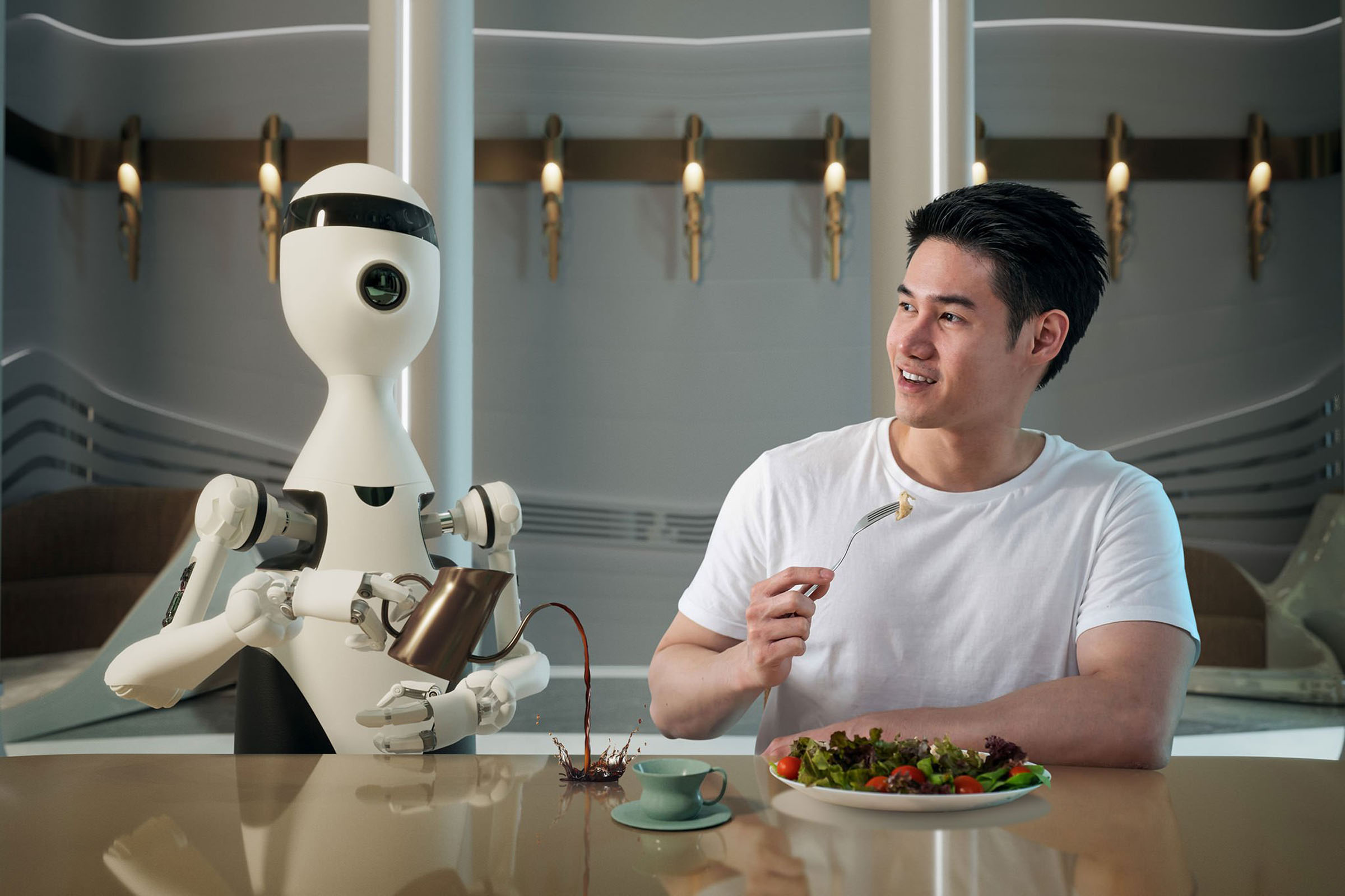 Robot dining coffee service, 3D render by 35milimetre