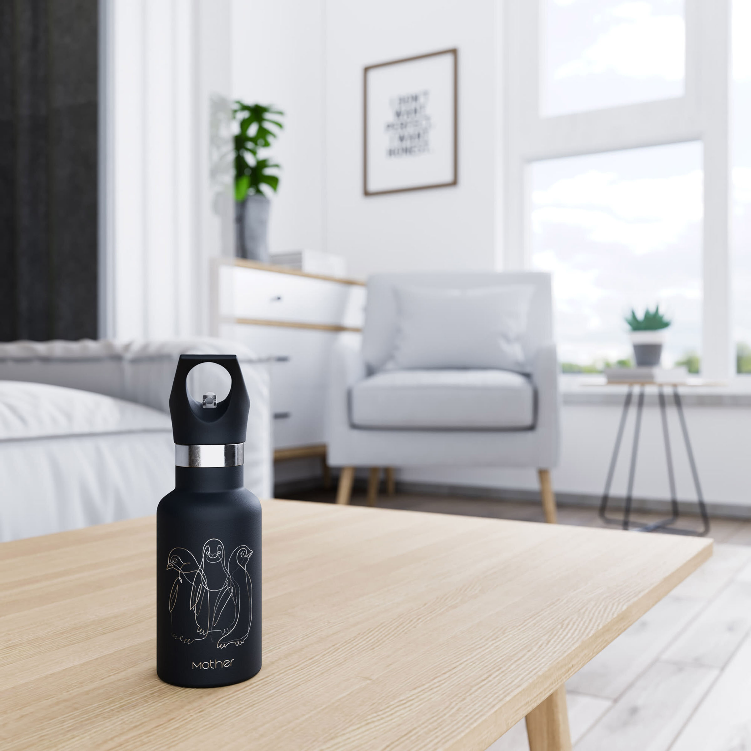 Water bottle penguin living room, 3D render by 35milimetre