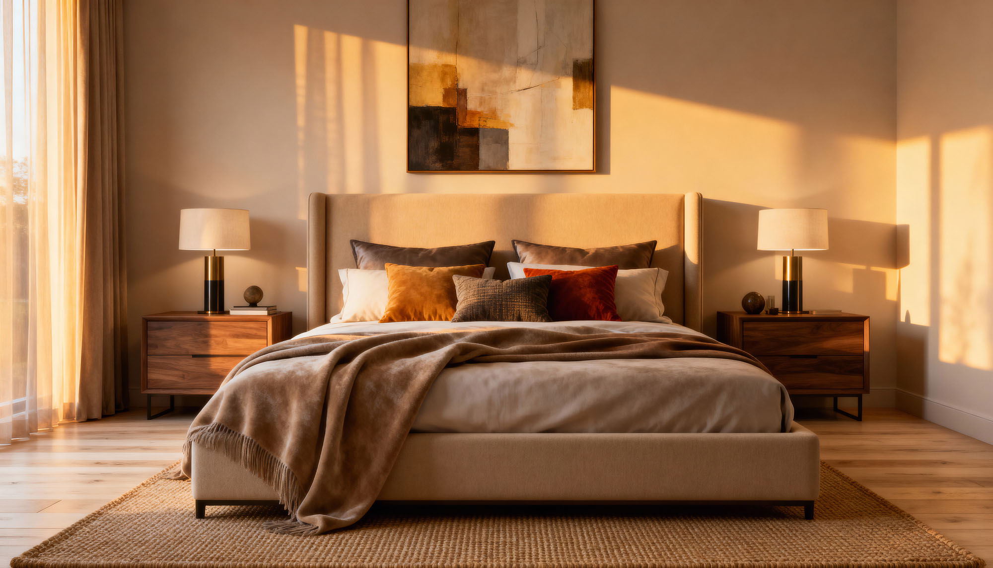 Bedroom warm sunset interior, AI-generated image by 35milimetre