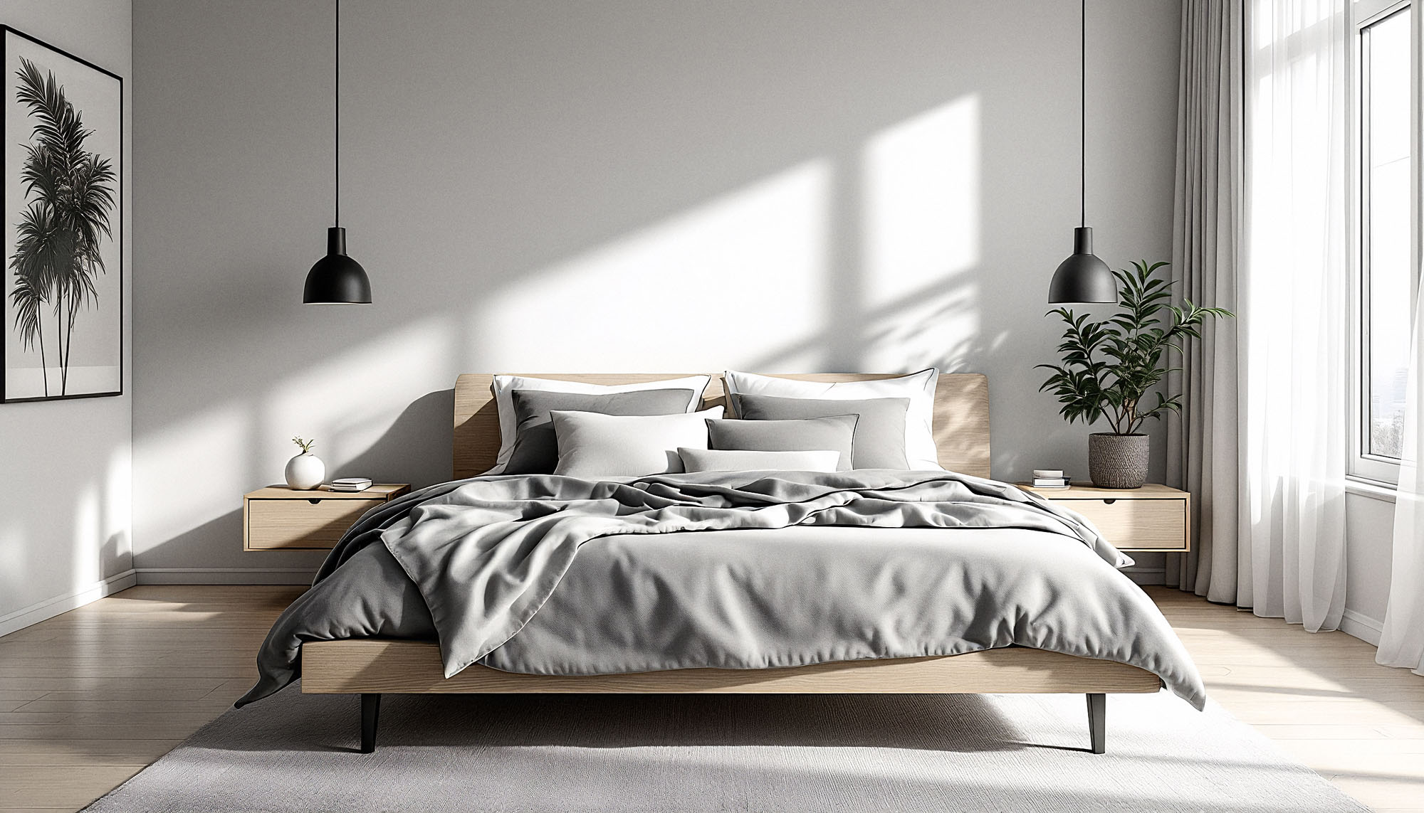 Bedroom minimal daylight interior, AI-generated image by 35milimetre