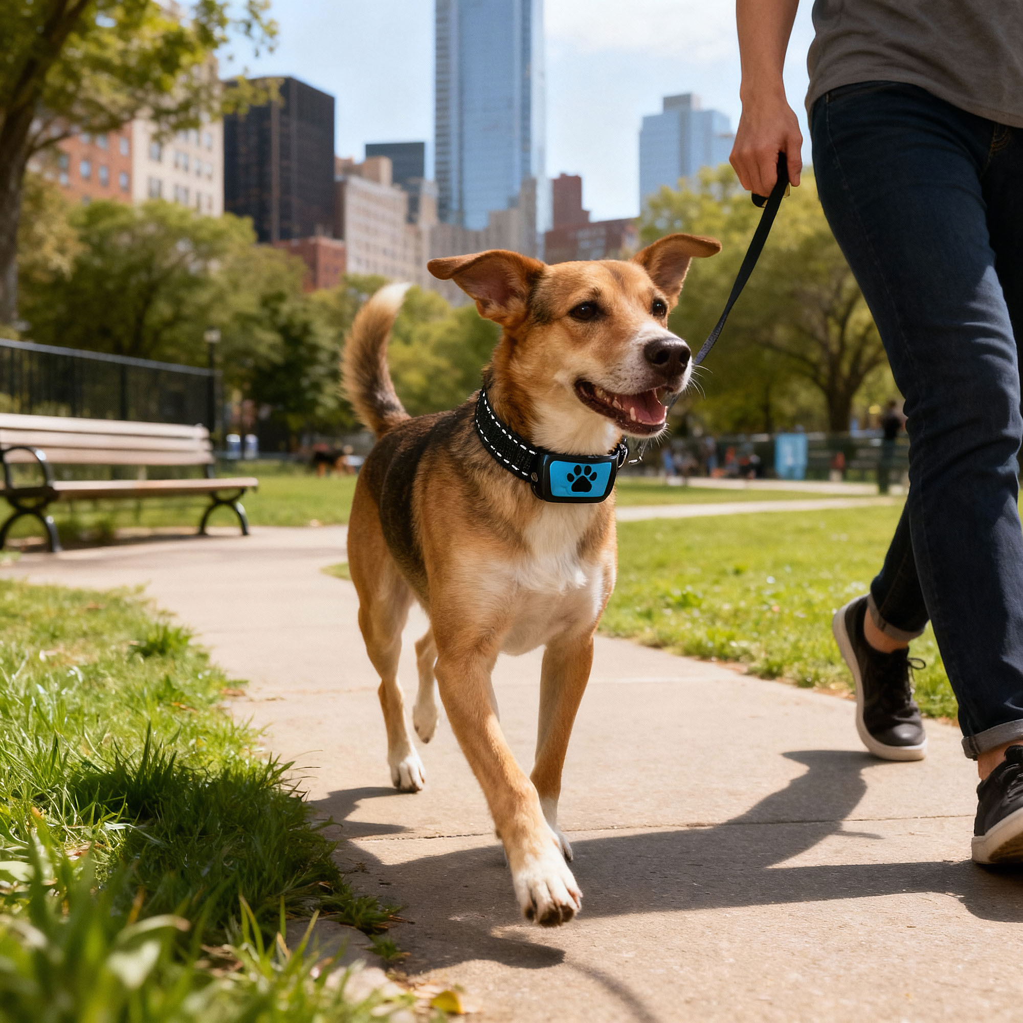 Dog collar blue park walk, AI-generated image by 35milimetre
