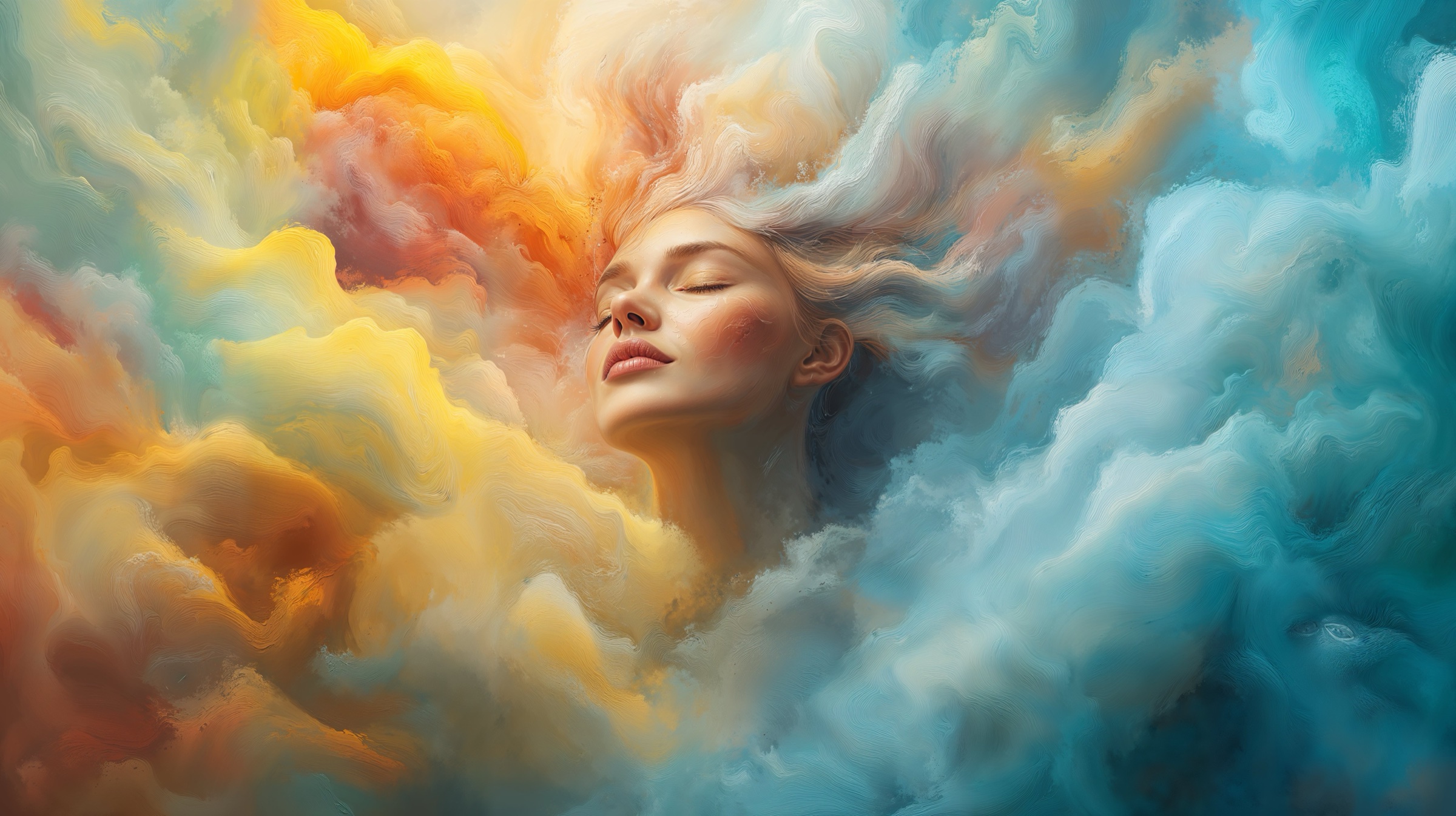 Dream portrait teal gold clouds, AI-generated image by 35milimetre