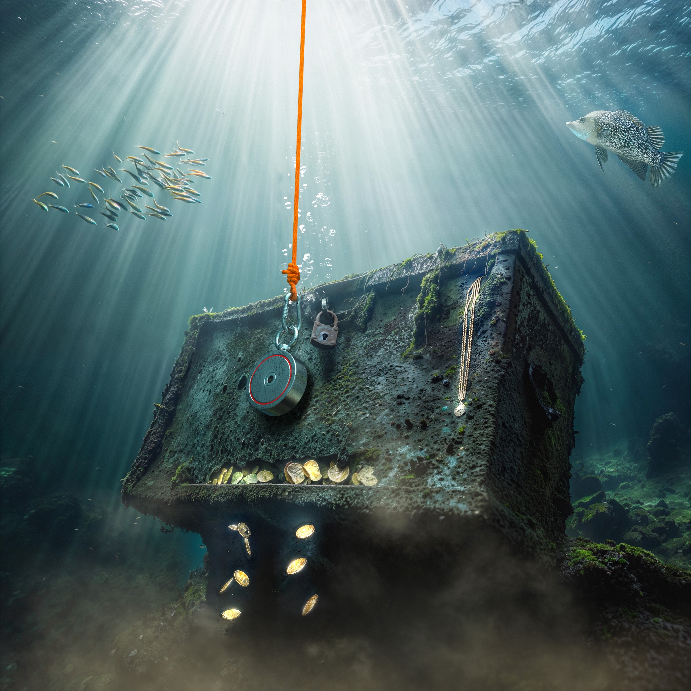 Fishing magnet underwater treasure, AI-generated image by 35milimetre