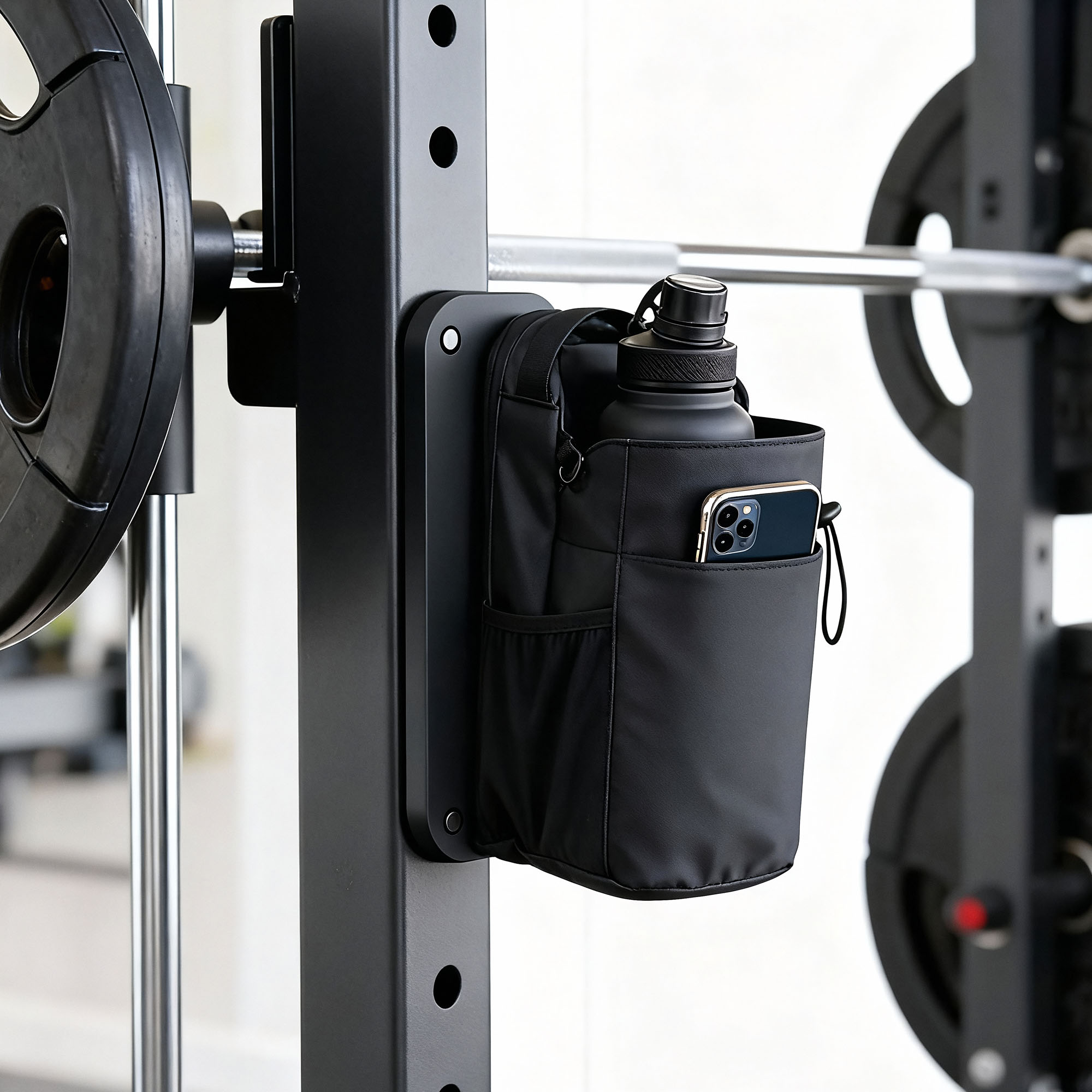 Gym organizer phone bottle detail, AI-generated image by 35milimetre