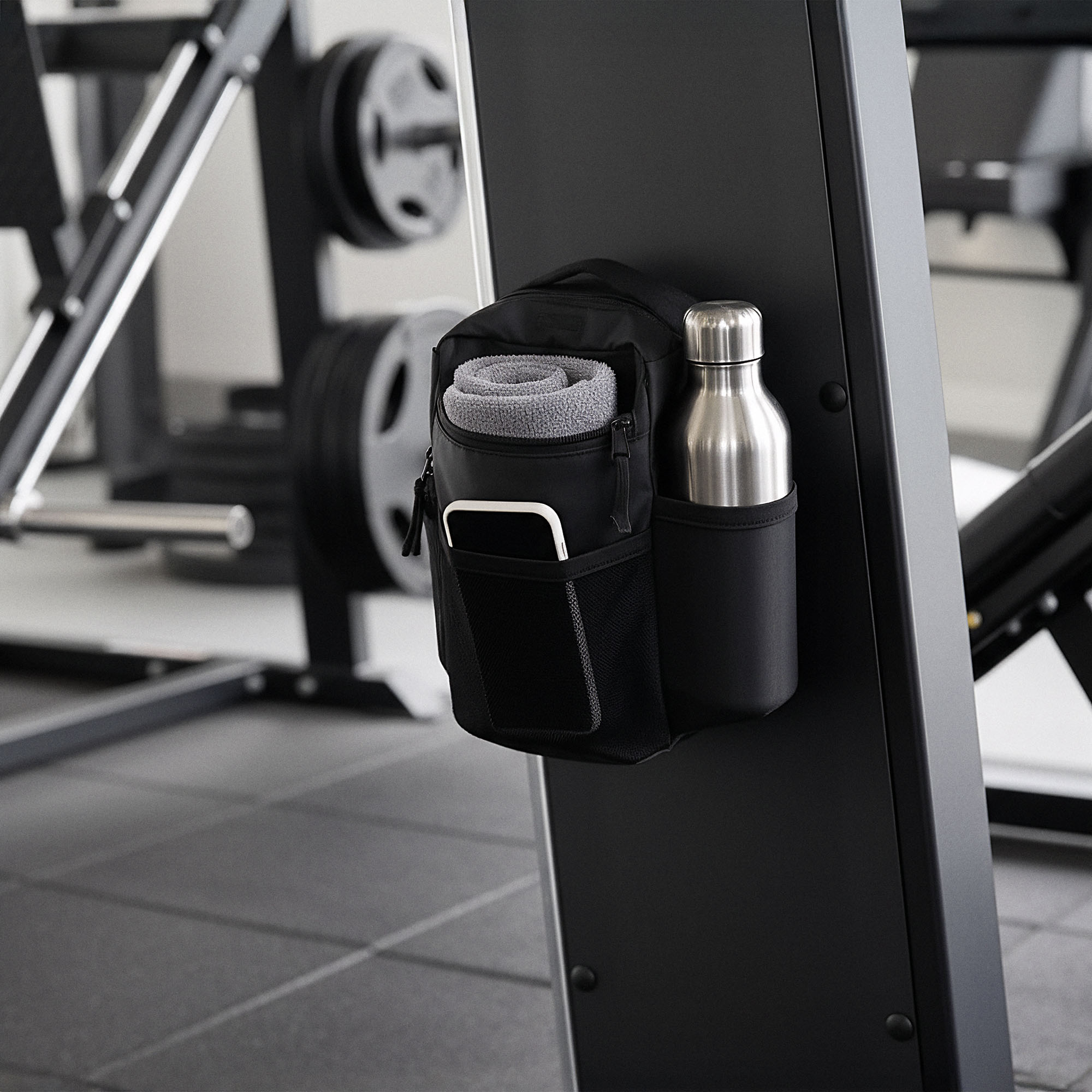 Gym organizer rack lifestyle, AI-generated image by 35milimetre