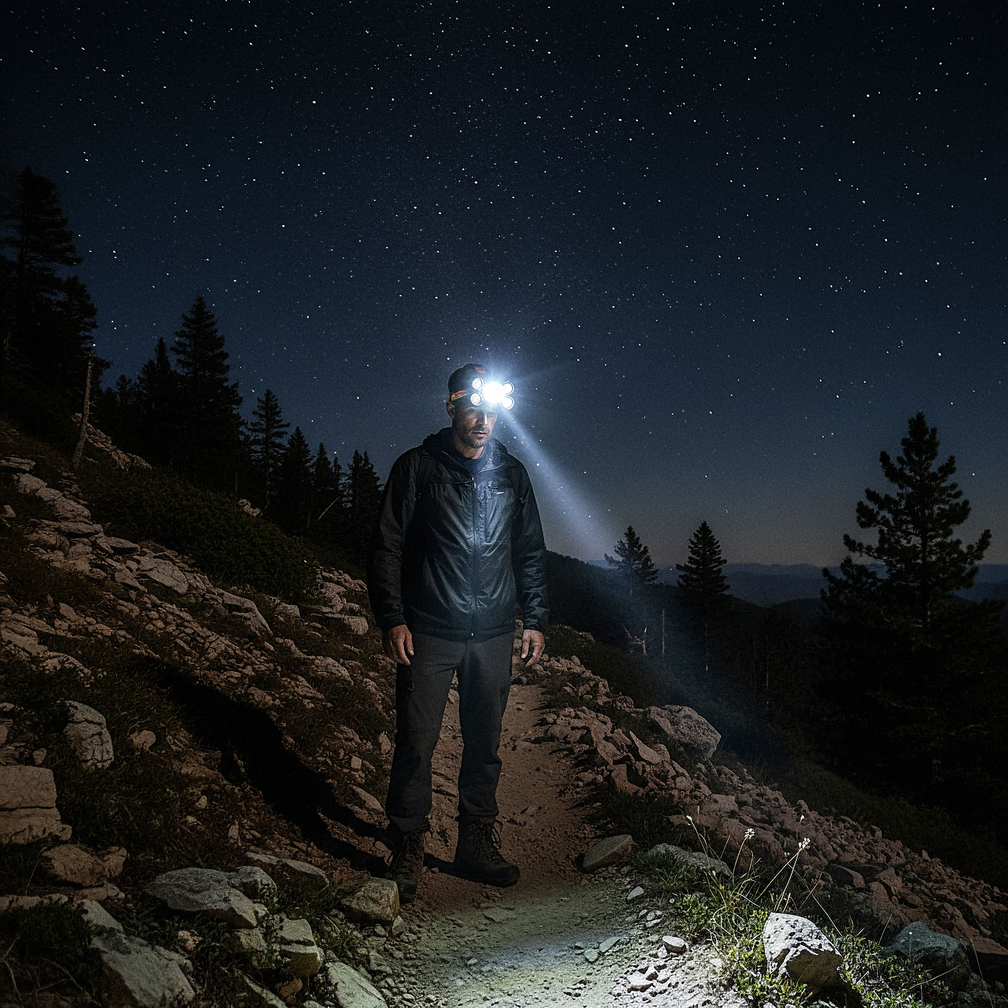 Headlamp hiker night trail, AI-generated image by 35milimetre