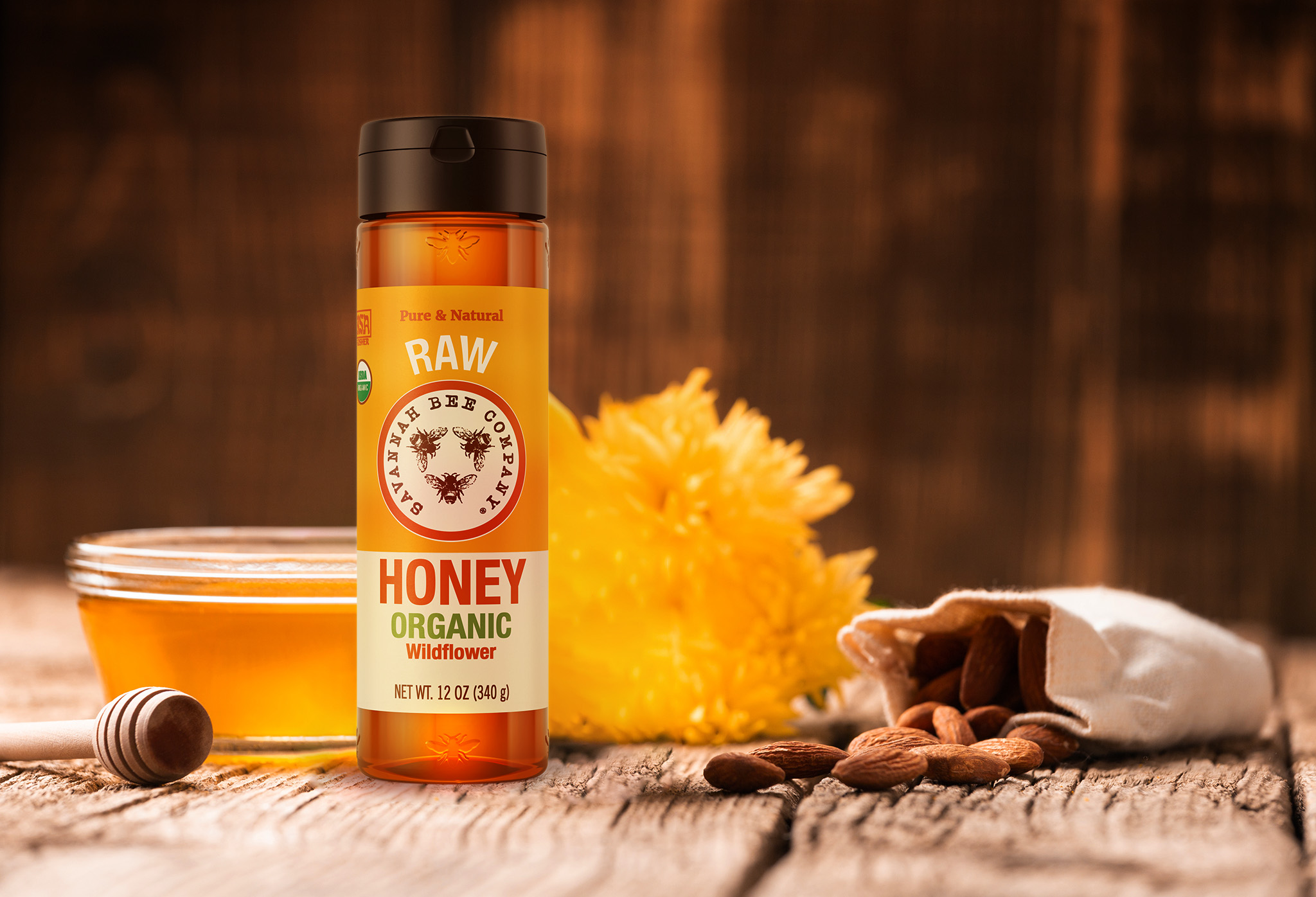 Honey bottle rustic still life, AI-generated image by 35milimetre