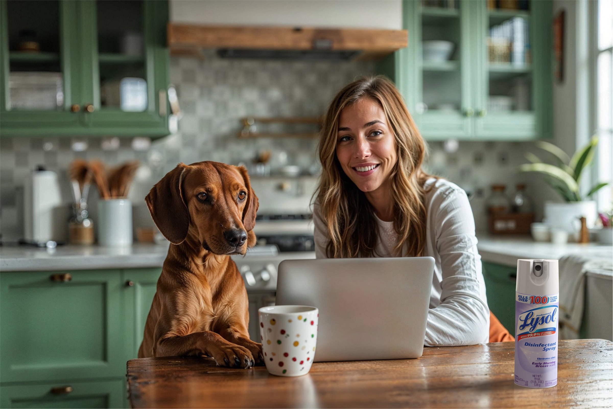 Lysol spray kitchen woman dog, AI-generated image by 35milimetre
