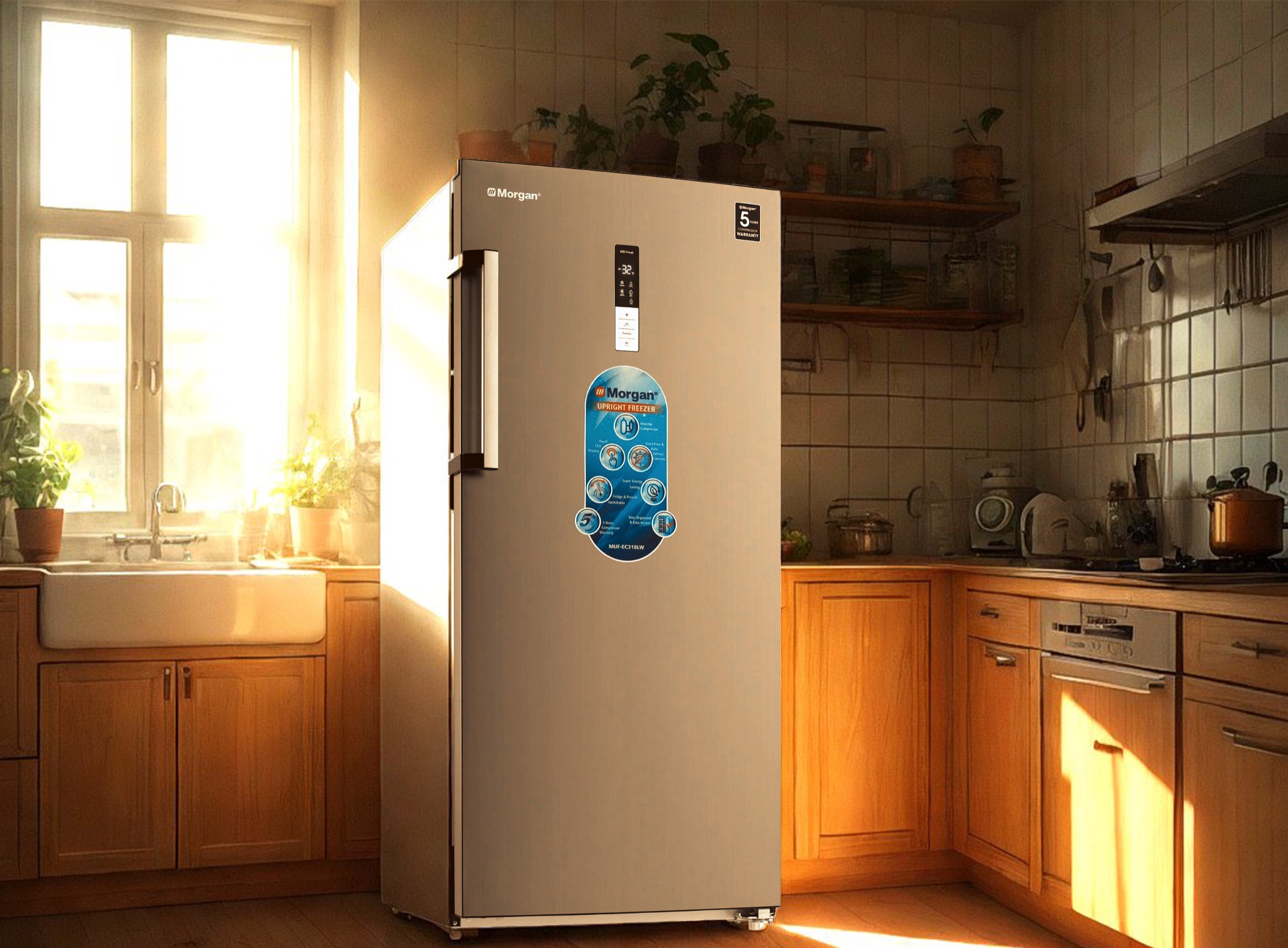 Morgan refrigerator sunlit kitchen, AI-generated image by 35milimetre