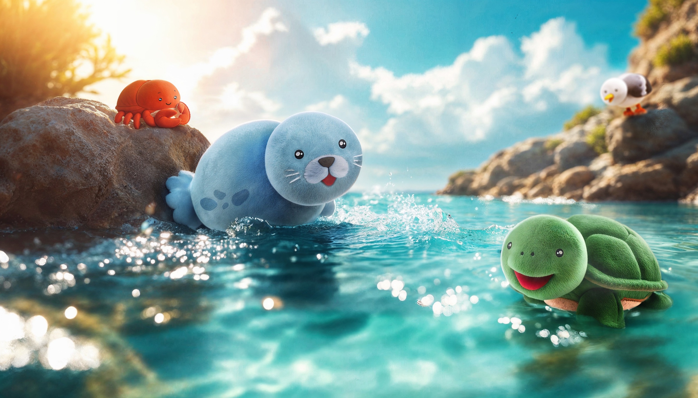 Plush toys seaside adventure, AI-generated image by 35milimetre
